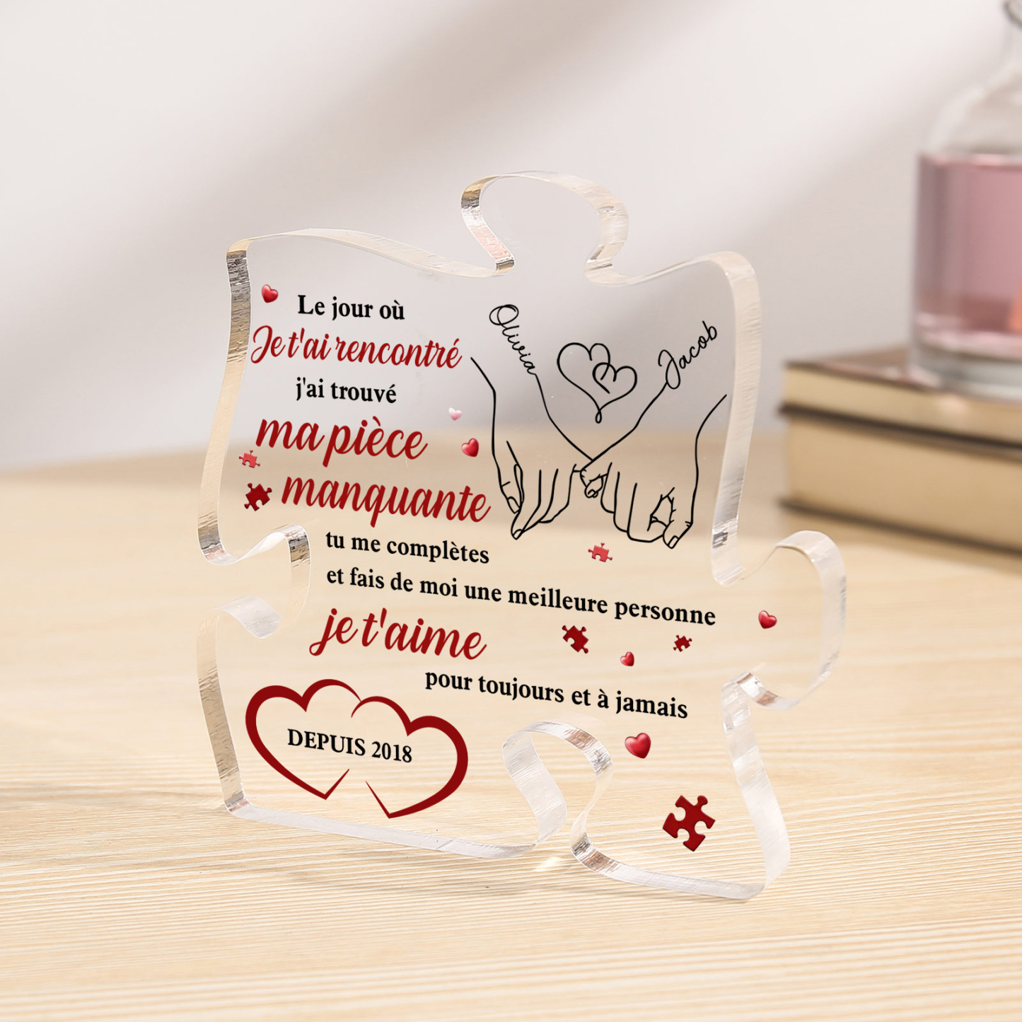 Plaque Acrylique en forme de Puzzle 2 Prénoms Personnalisés avec Date la Main dans la Main pour Couple