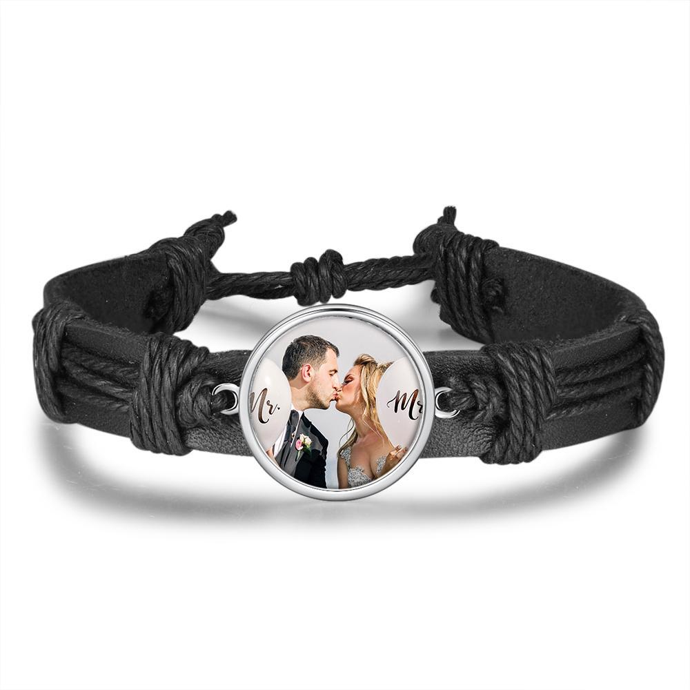 Bracelet Photo Personnalisée Cuir Tressé pour Couple Noeud Coulissant