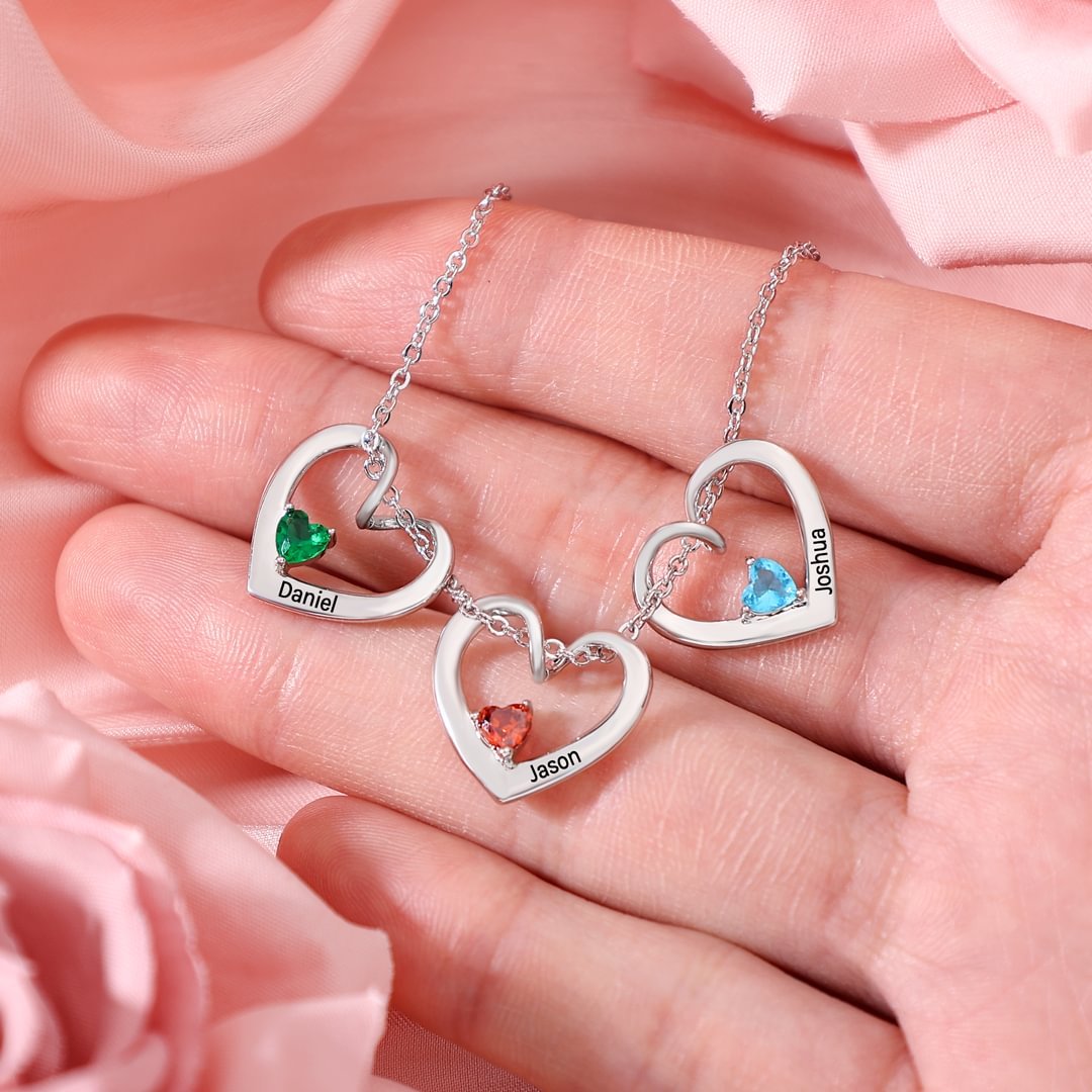 Collier Pendentif Cœur 3 Prénoms Personnalisés avec Pierre de Naissance Collier Femmes