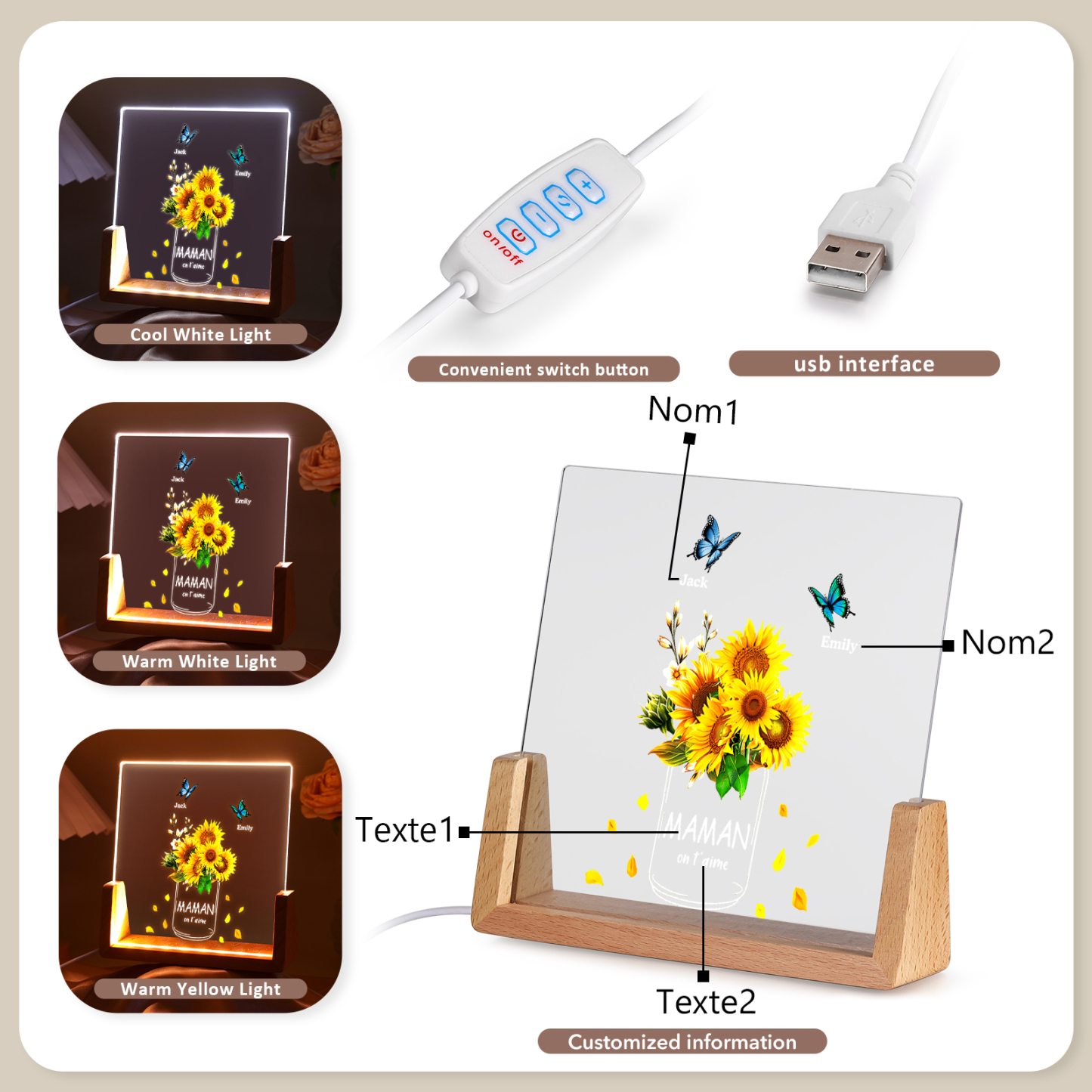 À Maman/Mamie - Lampe de chevet LED Tournesol 2 Prénoms Personnalisés avec 2 Textes pour Famille