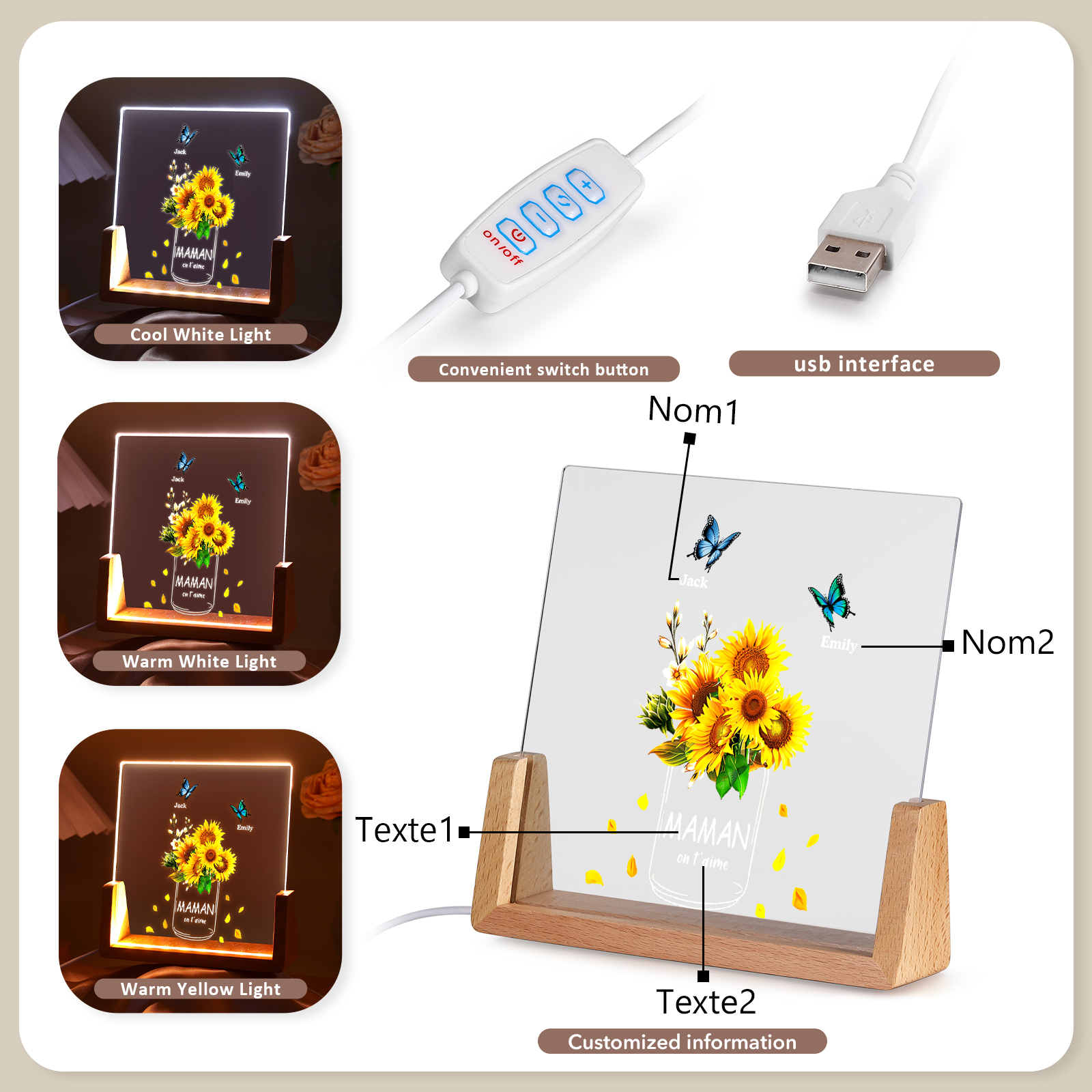 À Maman/Mamie - Lampe de chevet LED Tournesol 2 Prénoms Personnalisés avec 2 Textes pour Famille