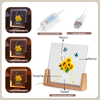 À Maman/Mamie - Lampe de chevet LED Tournesol 2 Prénoms Personnalisés avec 2 Textes pour Famille
