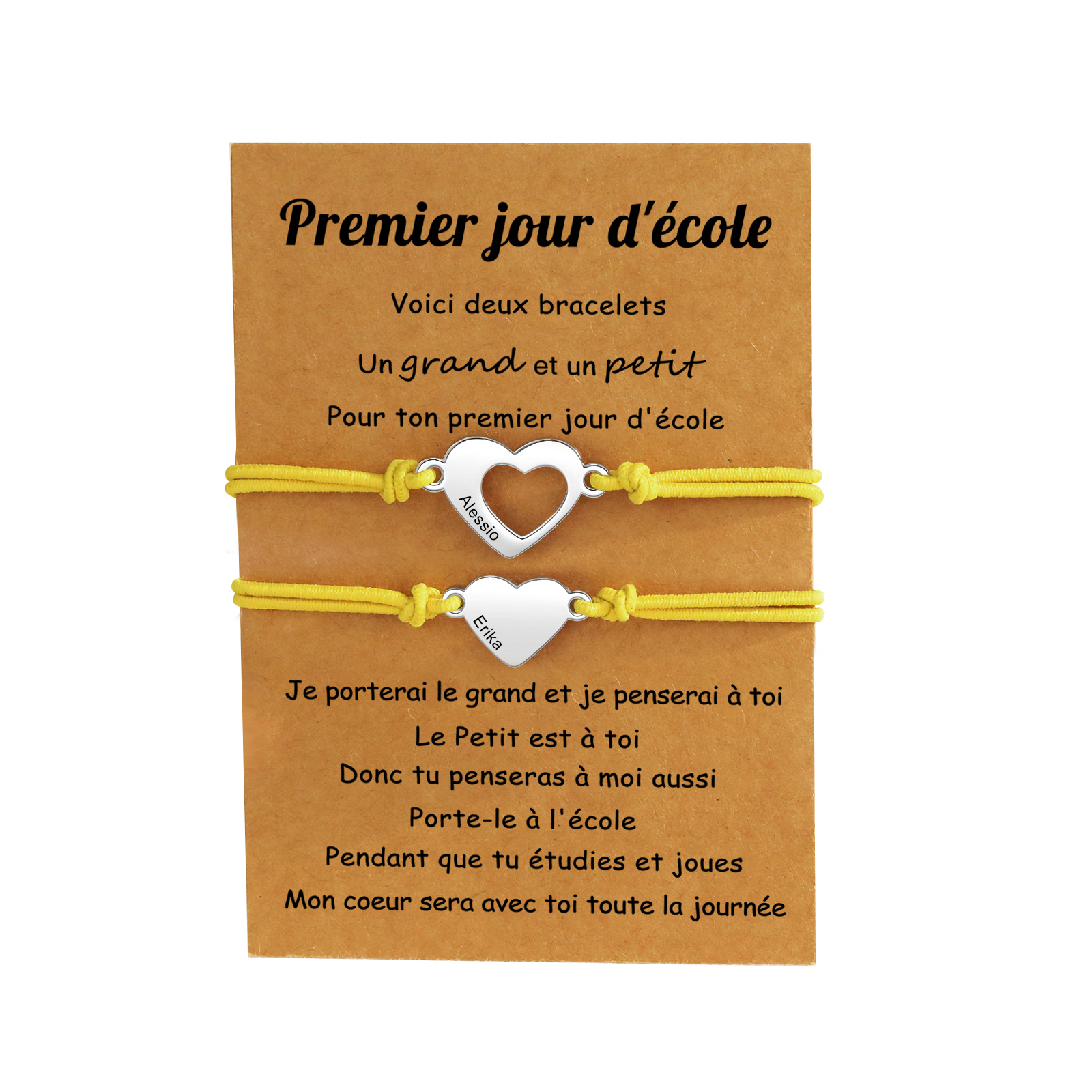 2PCS Bracelet en Commun Cœur 2 Prénoms Personnalisés Corde élastiques - Cadeau Rentrée Scolaire Premier jour d’école｜Jessemade