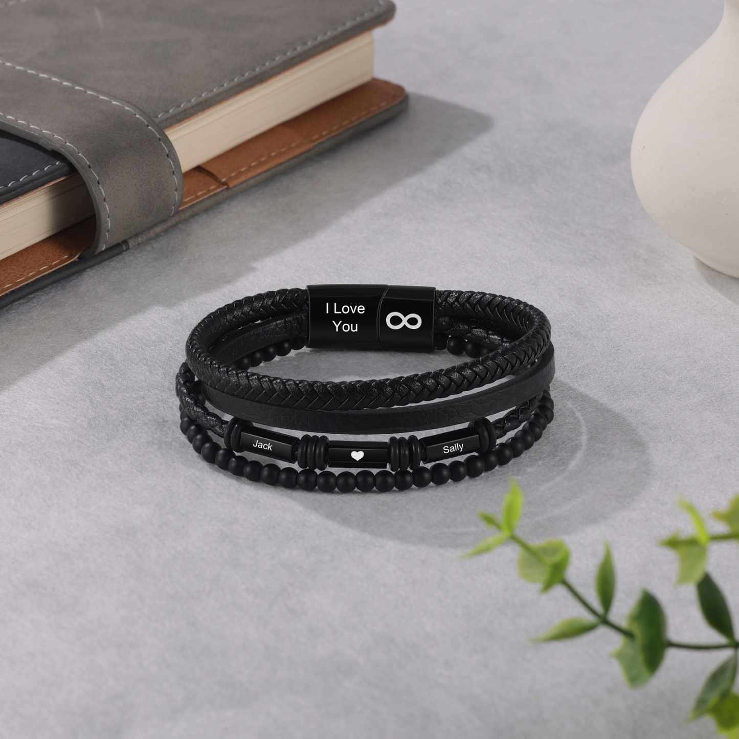 Bracelet Cuir tressé infini 2 Prénoms Personnalisé avec texte Bracelet Prénom pour Homme|Jessemade