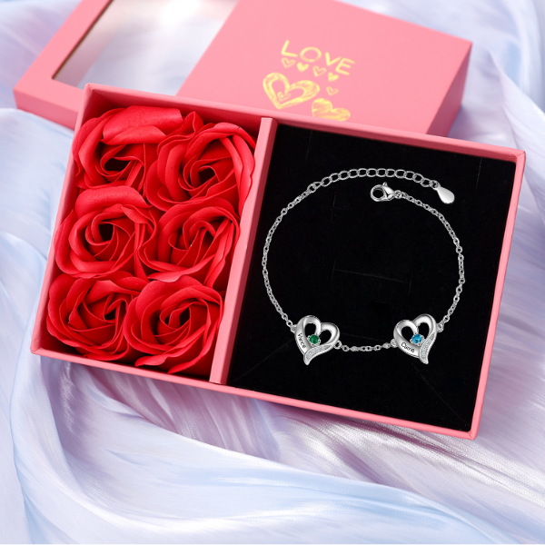Bracelet Cœur gravé 1-7 Prénoms Personnalisés avec Pierres de Naissance