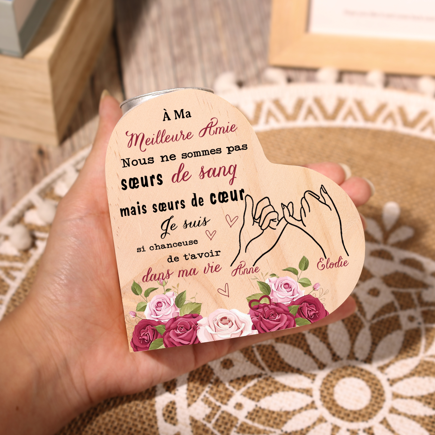 À Ma Meilleure Amie - Bougeoir en Bois 2 Prénoms Personnalisés sans bougie