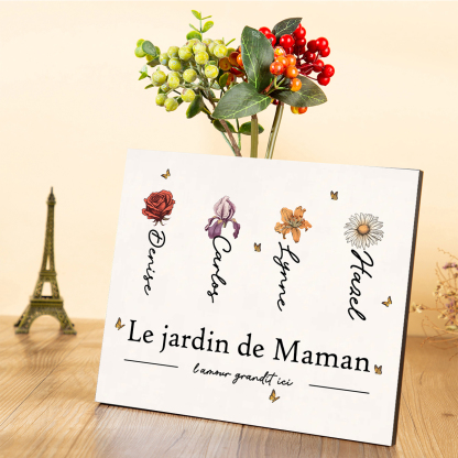Cadre en Bois Jardin de Maman 1-12 Prénoms et 1 Texte Personnalisés avec Fleur de Naissance Cadeau pour Famille
