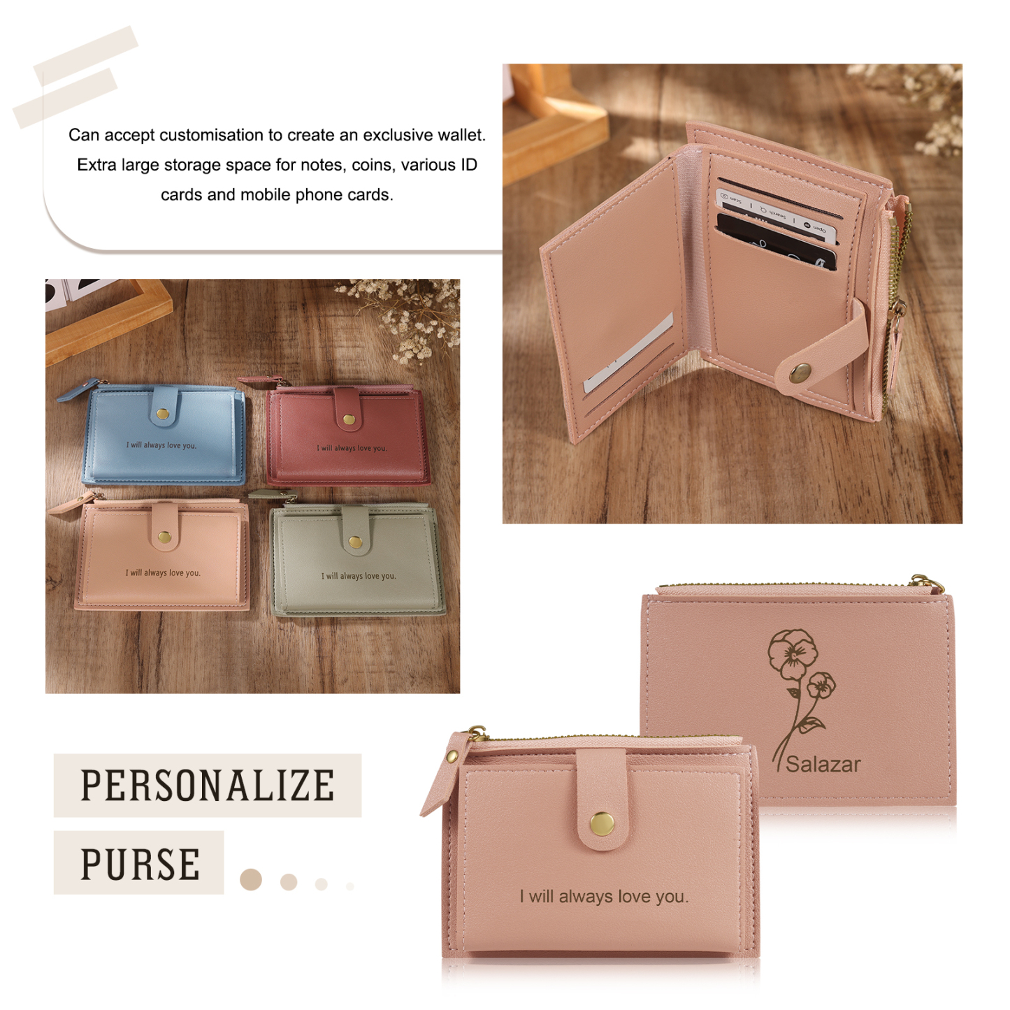 Portefeuille Femme Prénom et Texte Personnalisés avec Fleurs de naissance Porte-Monnaie Carte