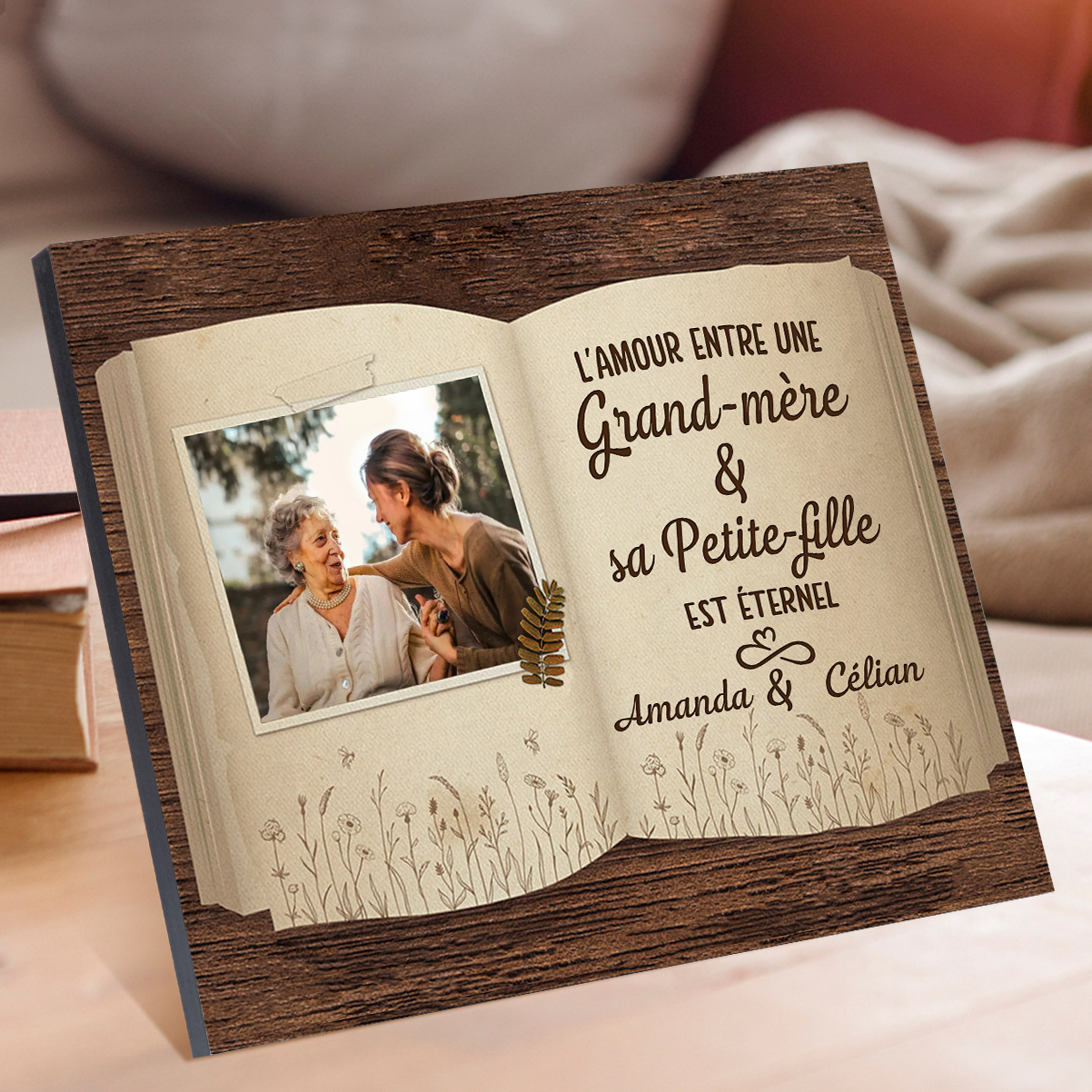 À ma Mamie - Cadre en Bois 2 Prénoms et 1 Photo Personnalisés Cadeau de Petite-fille pour Mamie