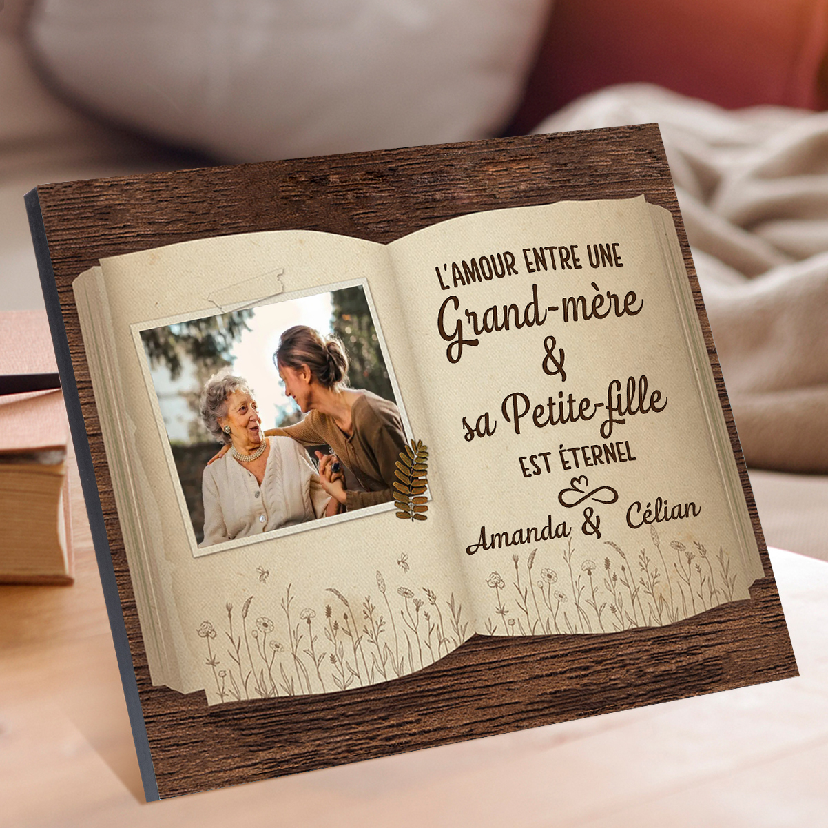 À ma Mamie - Cadre en Bois 2 Prénoms et 1 Photo Personnalisés Cadeau de Petite-fille pour Mamie