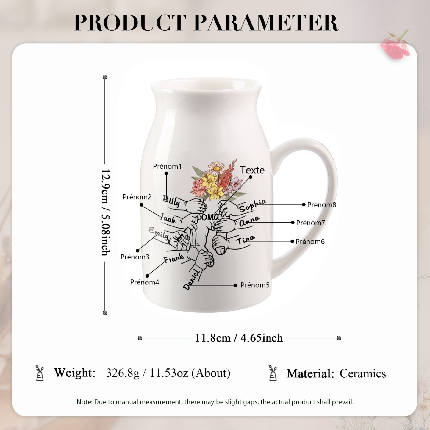 Vase à Fleurs la main dans la main 8 Prénoms Personnalisés avec Texte Décoration de la Maison