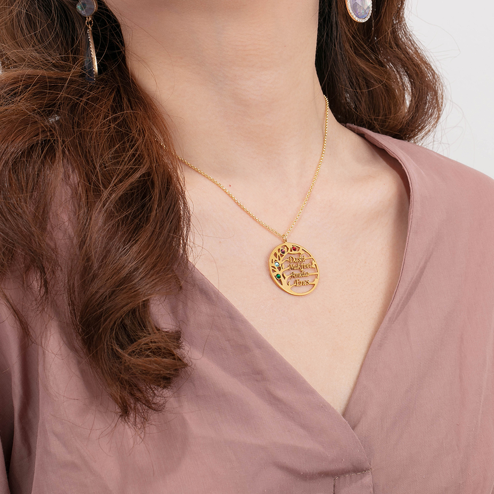 Collier Argent Arbre de vie Arbre généalogique 4 prenoms Avec Pierre De Naissance