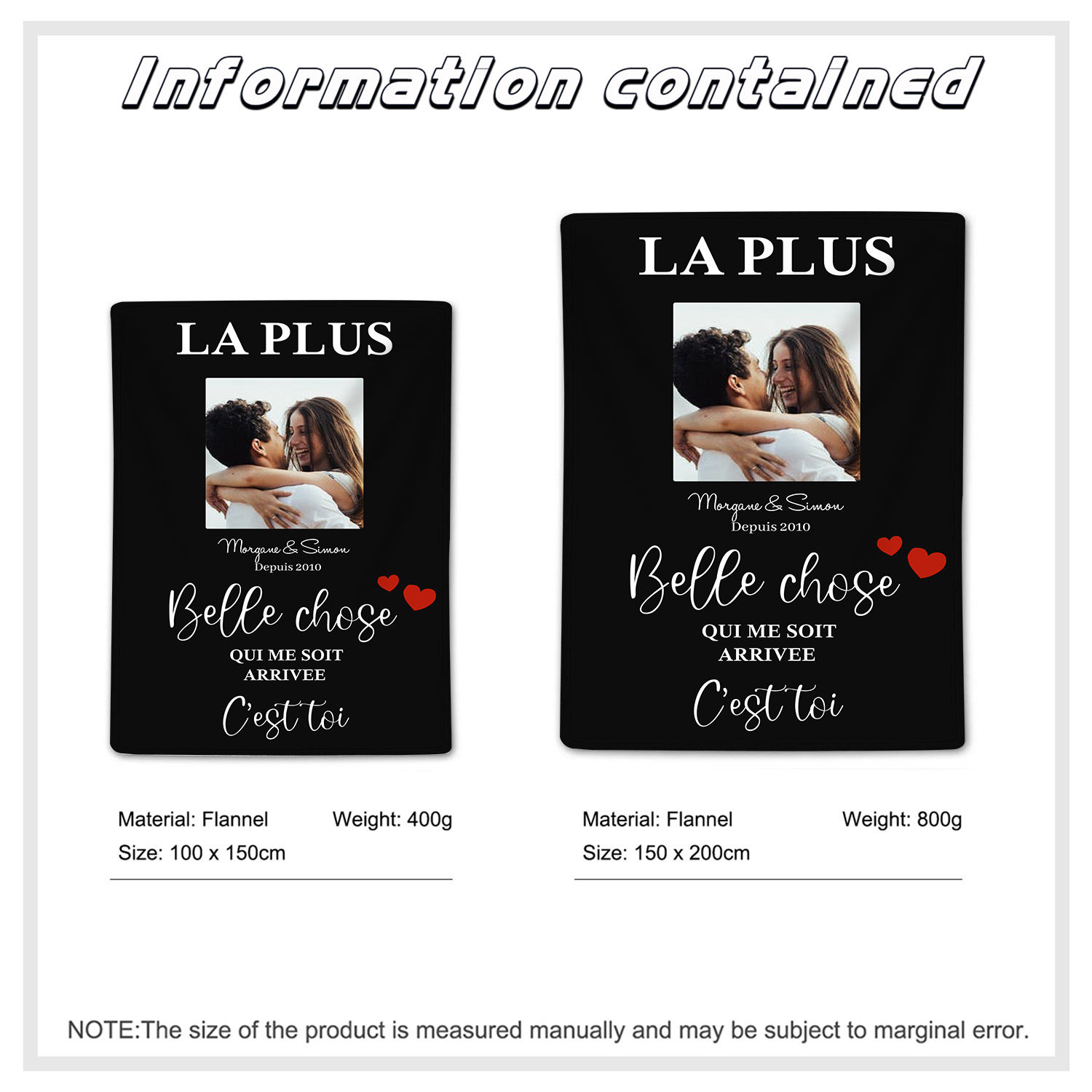 Plaid Personnalisé Prénom et Photo Personnalisés avec Texte Couverture Flanell pour Couple | Jessemade