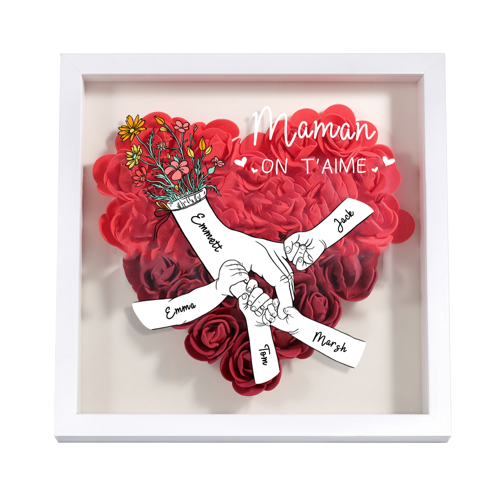À ma Maman - Cadre Panneau de densité la main dans la main 5 Prénoms et 1 Texte Personnalisés Ornements Floral pour Famille