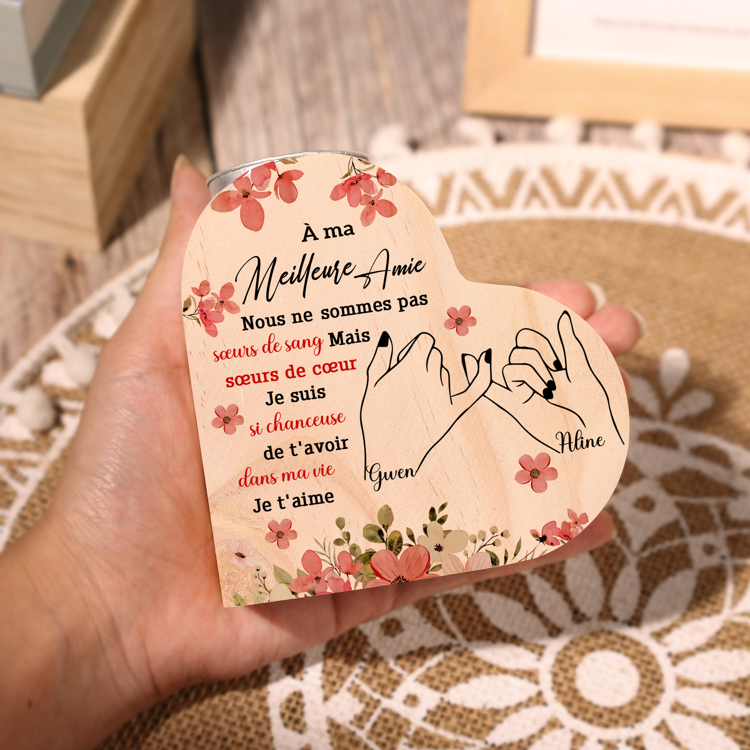 À Ma Meilleure Amie - Bougeoir en Bois 2 Prénoms Personnalisés sans bougie