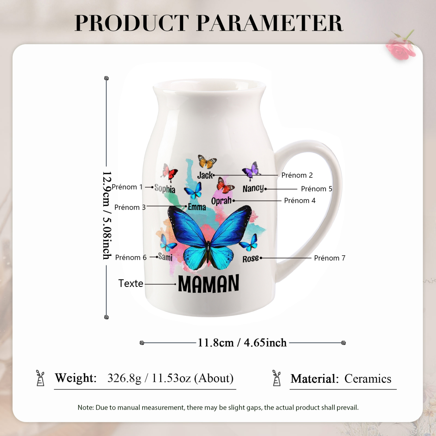 Vase à Fleurs Papillons 7 Prénoms Personnalisés avec Texte Décoration de la Maison