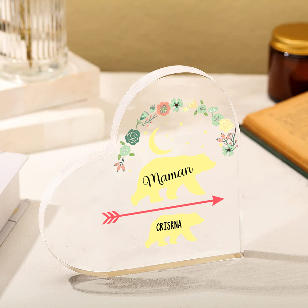 À ma Maman - Plaque Acrylique en Forme de Cœur Ours 1 Prénom Personnalisé