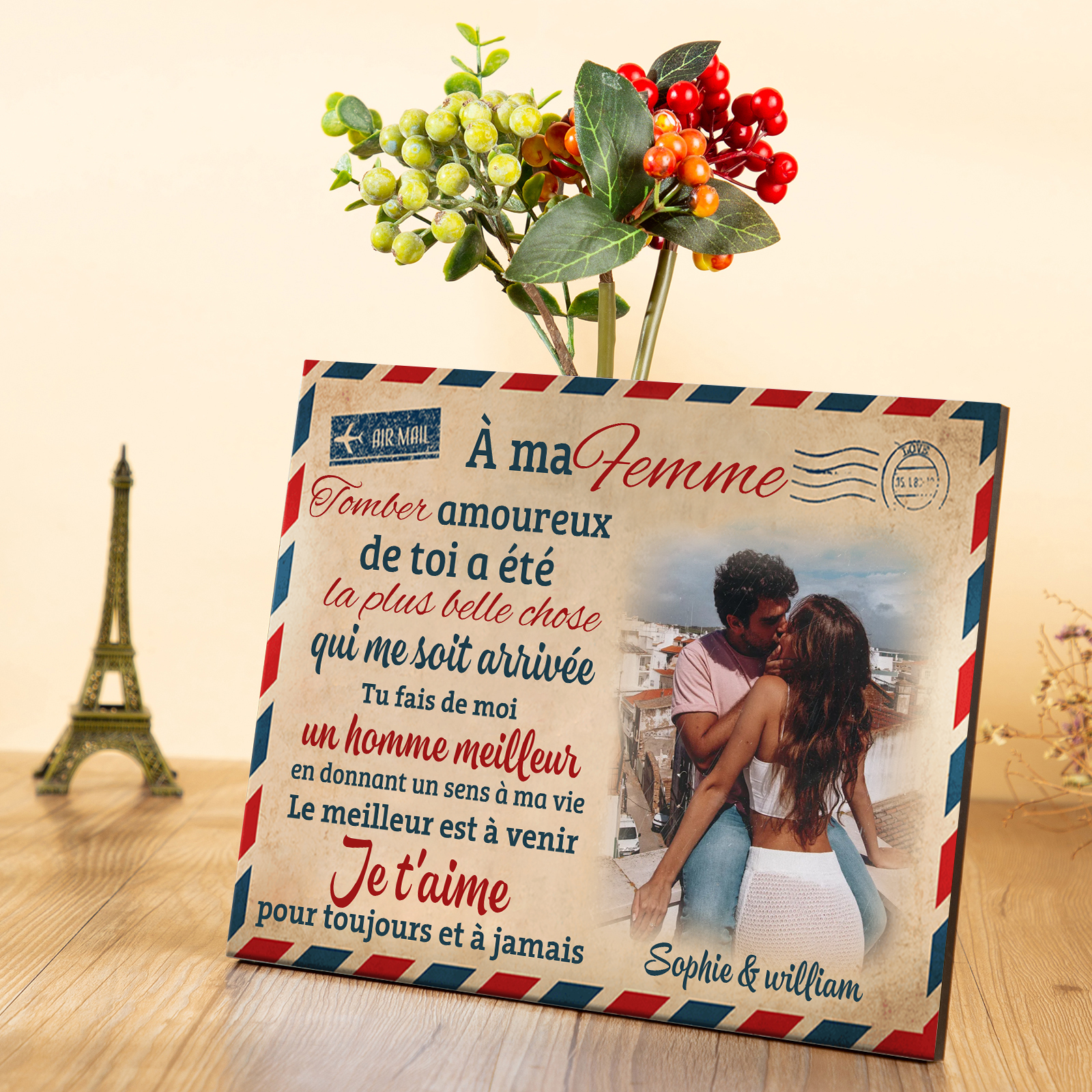 Cadre en Bois 2 Prénoms Personnalisés avec Photo pour Couple Cadeau Saint Valentin