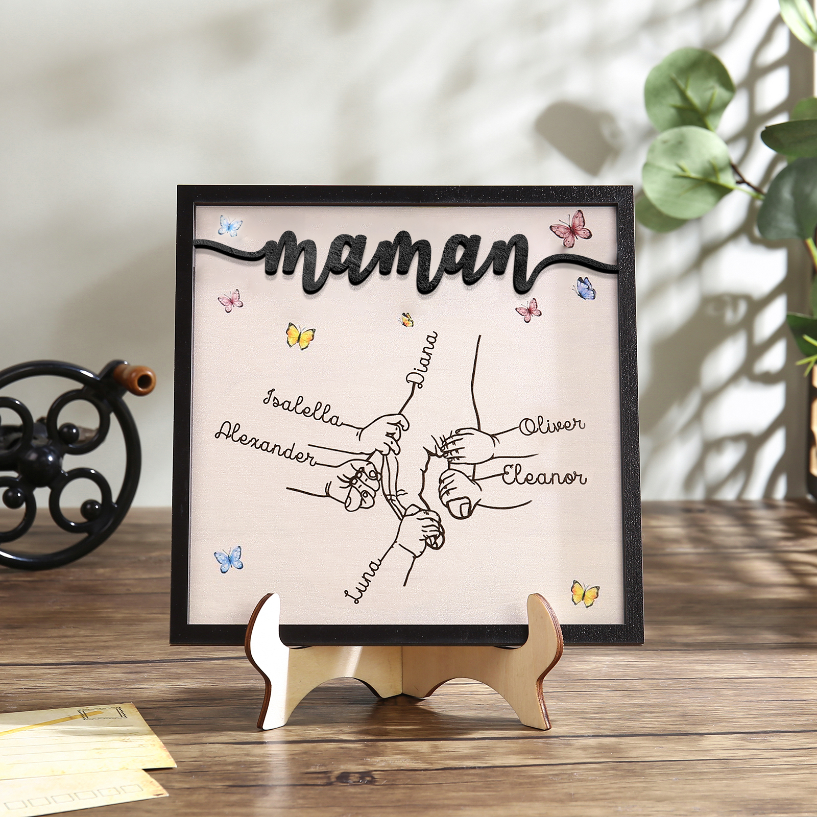 À ma Maman - Décoration en bois la Main dans la Main 6 Prénoms Personnalisés Ornement Famille
