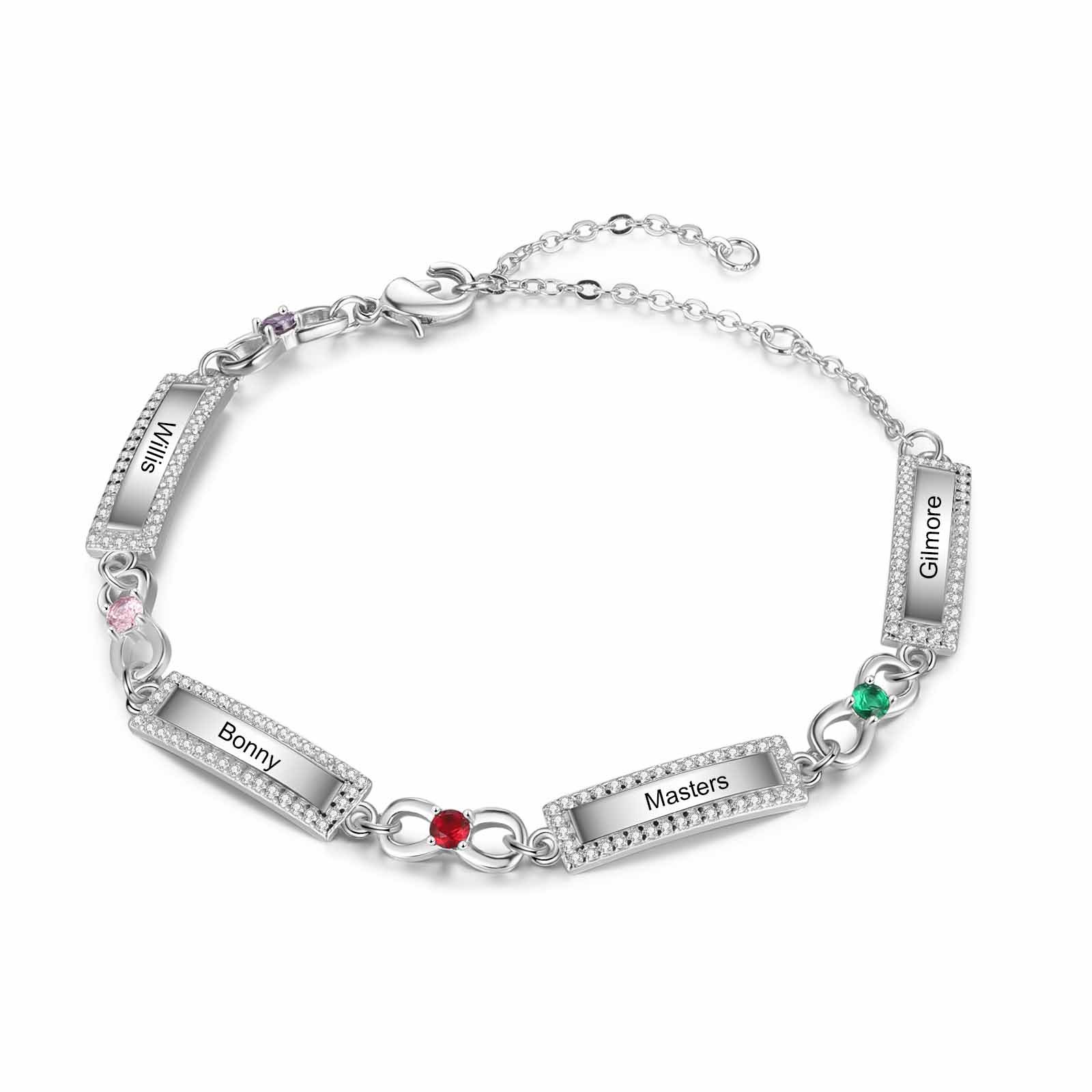 Bracelet Infini 4 Prénoms Personnalisé avec 4 Pierres de Naissance