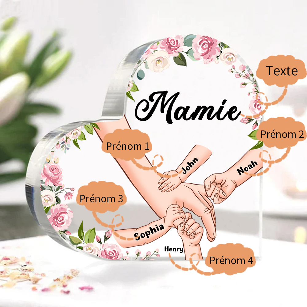 Plaque Acrylique en Forme de Cœur La Main Dans La Main 4 Prénoms Personnalisés avec Texte