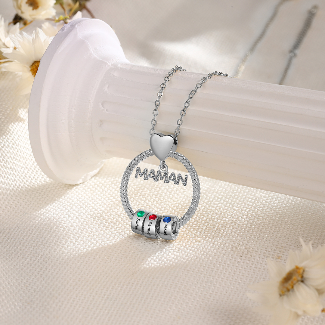 À ma Maman - Collier Pendentif 3 Prénoms Personnalisés avec Pierre de naissance|Jessemade
