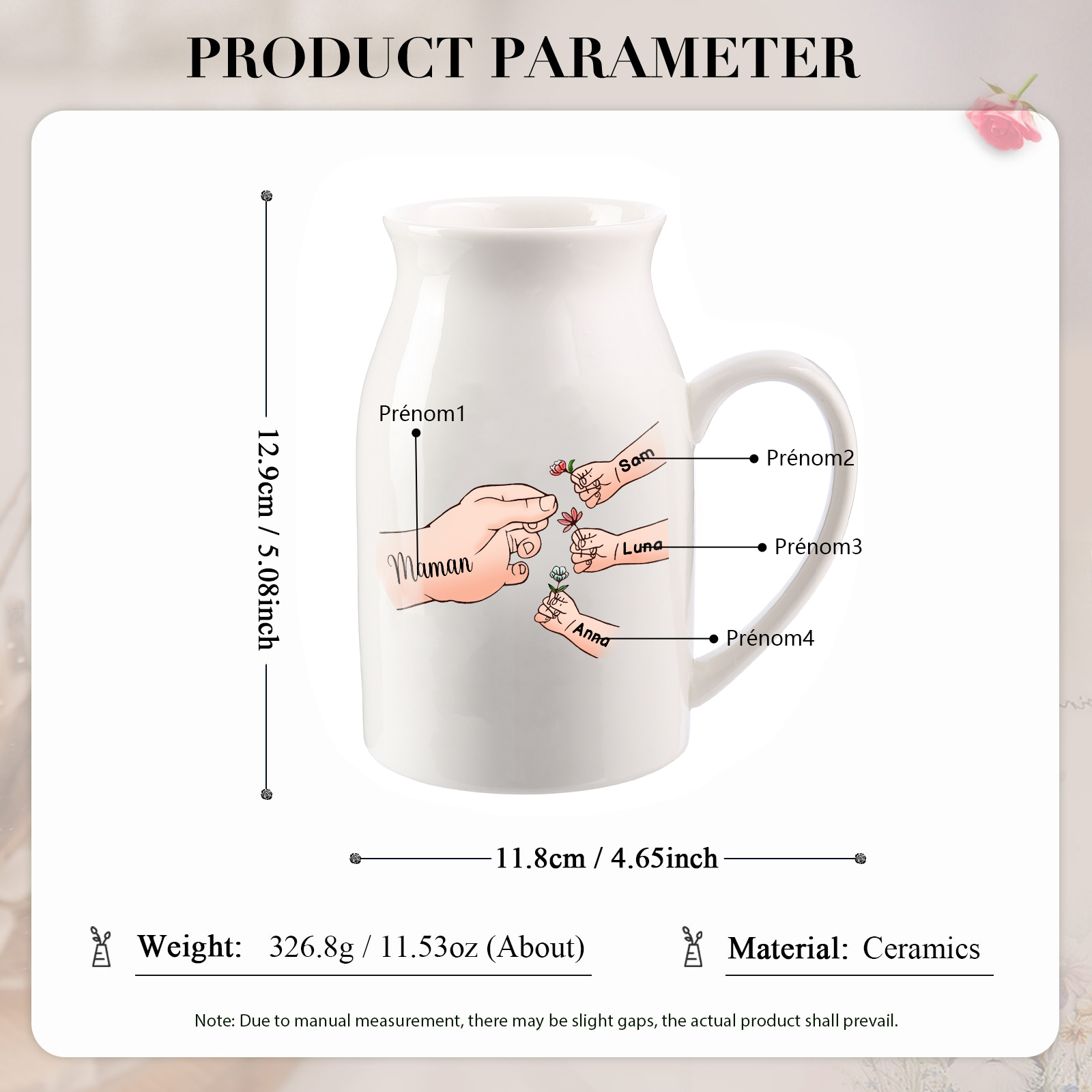 Vase à Fleurs Mains et Enfants 4 Prénoms Personnalisés Décoration de la Maison