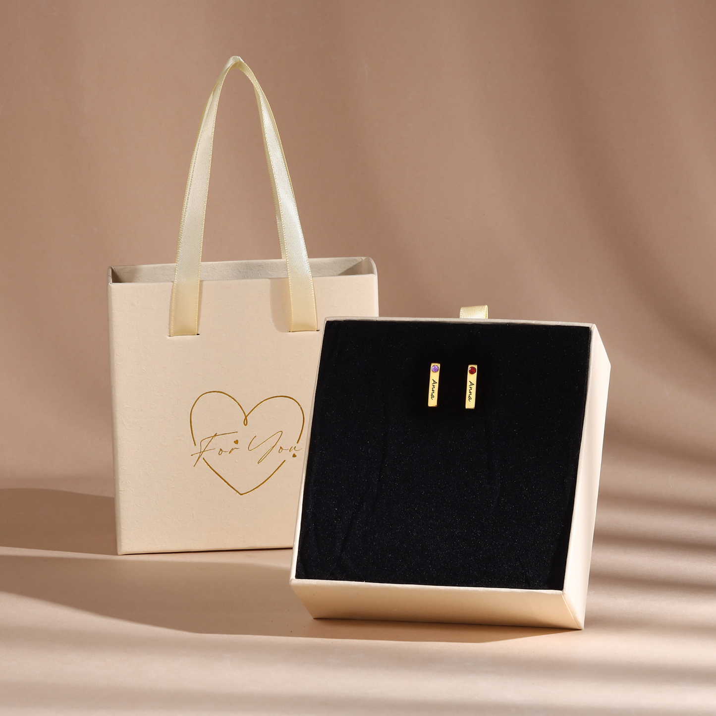 Boucles d'Oreilles 1 Texte Personnalisé avec 2 Pierres de naissance pour Femmes