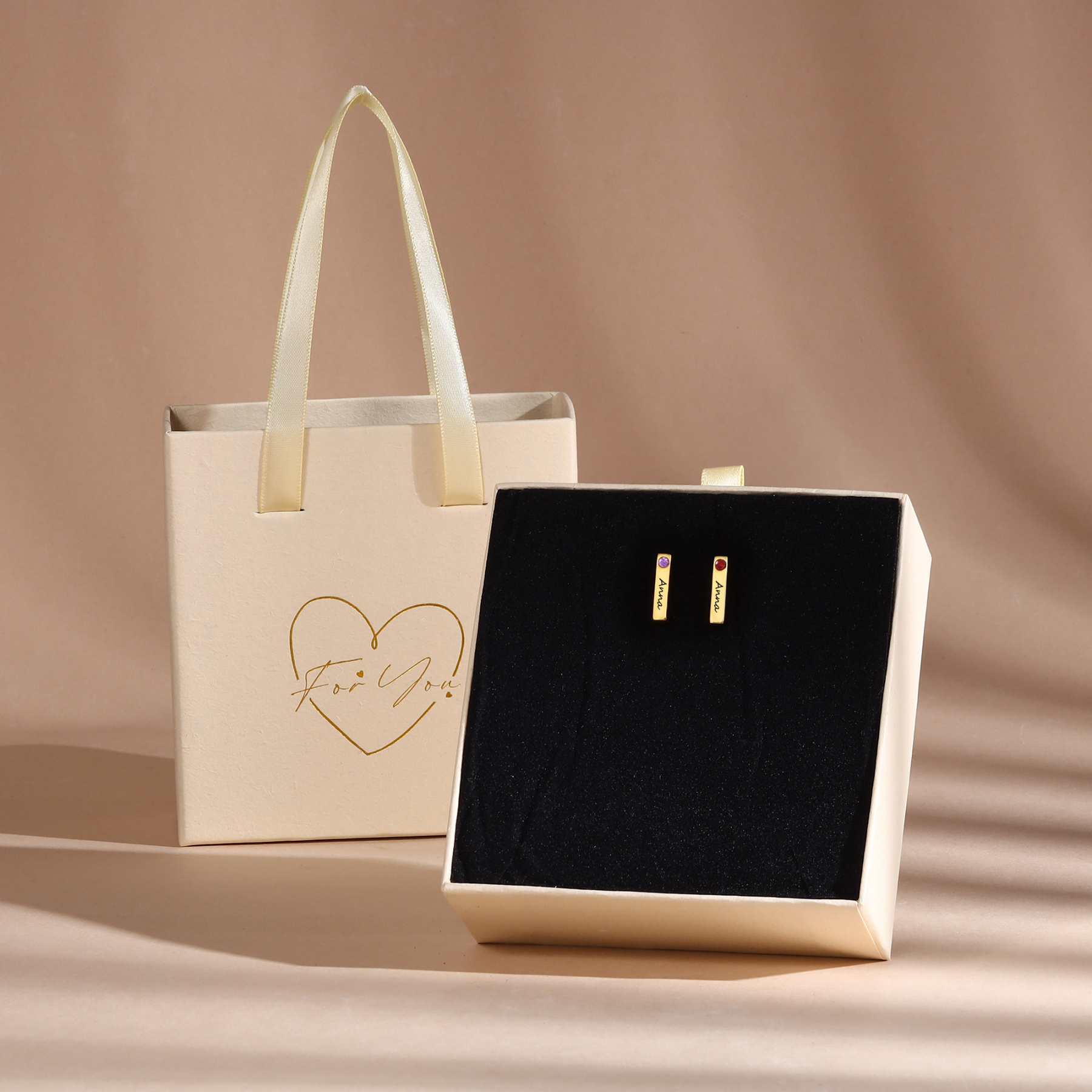 Boucles d'Oreilles 1 Texte Personnalisé avec 2 Pierres de naissance pour Femmes