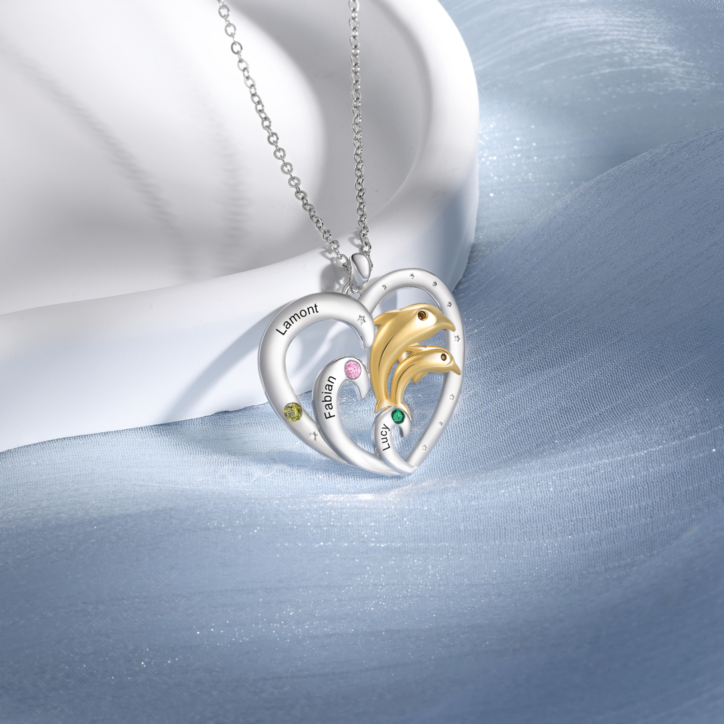 Collier Coeur et Dauphin Pendentif 3 Prénoms Personnalisés avec 3 Pierres de Naissance|Jessemade