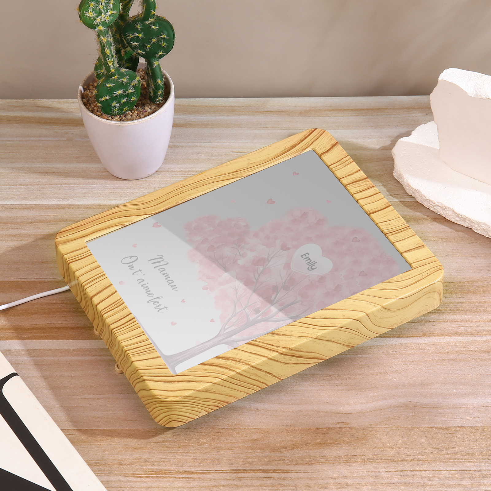 Cadre Photo/Miroir LED Multifonctionnel Arbre 1 Prénom Personnalisé avec Texte pour Famille