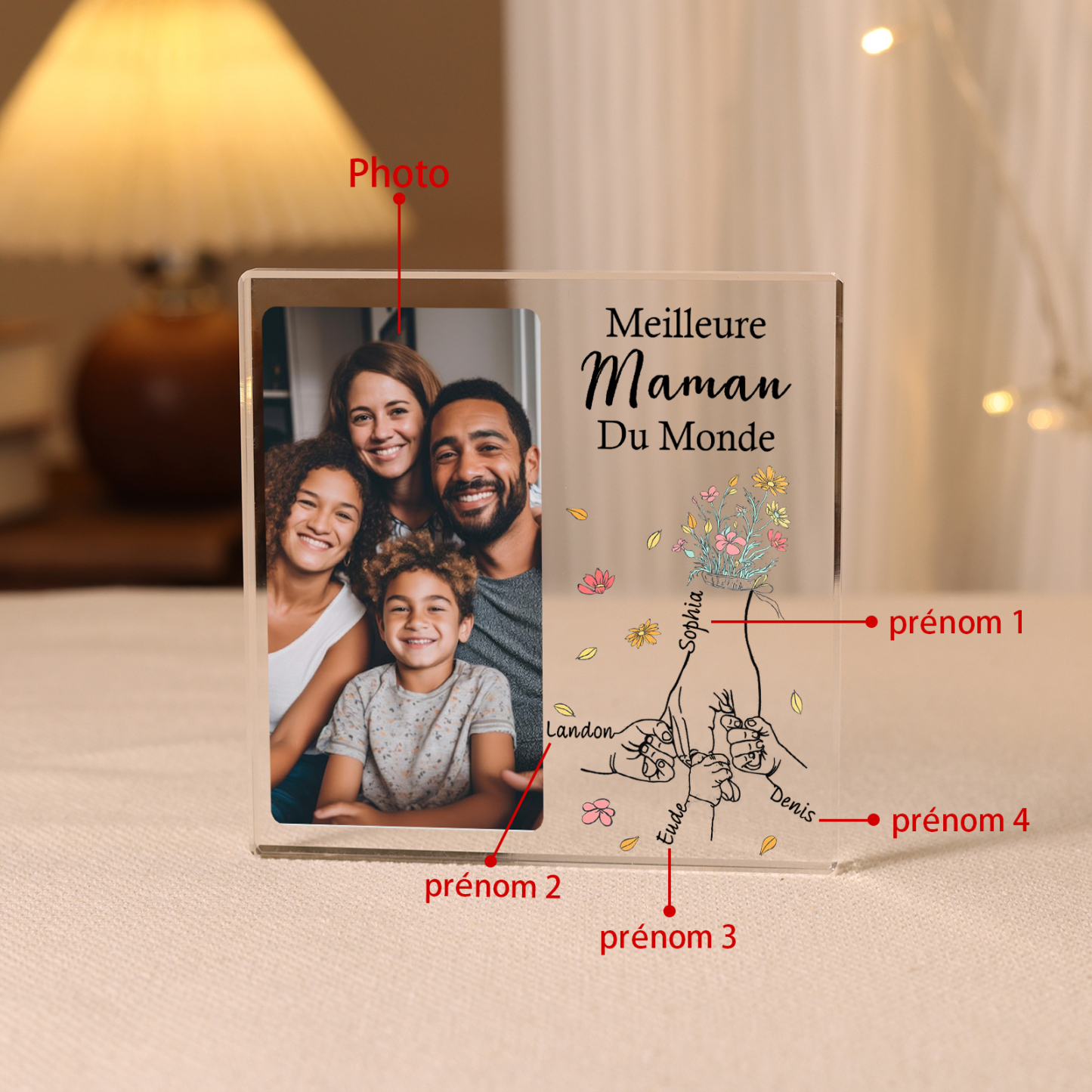 À ma Maman - Plaque Acrylique Carrée la Main dans la Main 4 Prénoms Personnalisés avec Photo