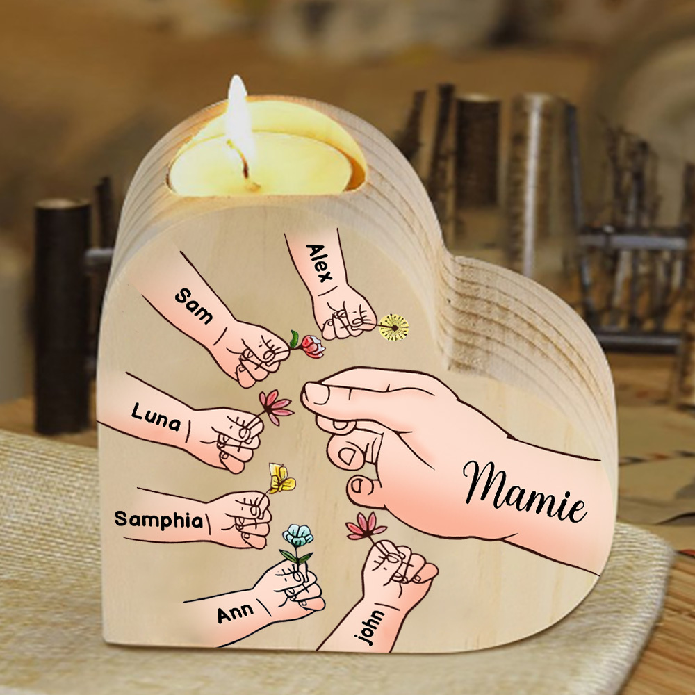 À Ma Maman/Mamie - Bougeoir en Bois Mains et Enfants 7 Prénoms Personnalisés pour Famille sans bougie