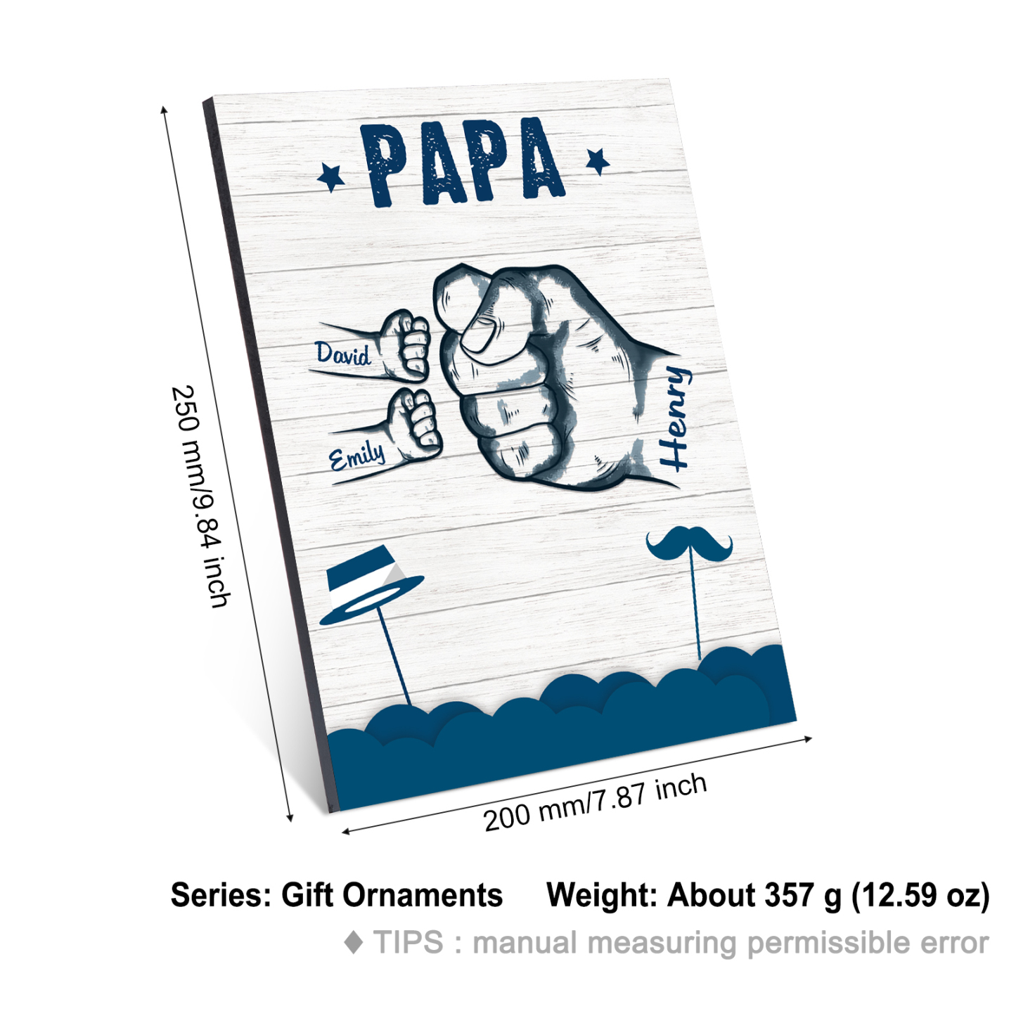 À Mon Papa/Papi-Cadre en Bois Poings 3 Prénoms Personnalisés avec Texte
