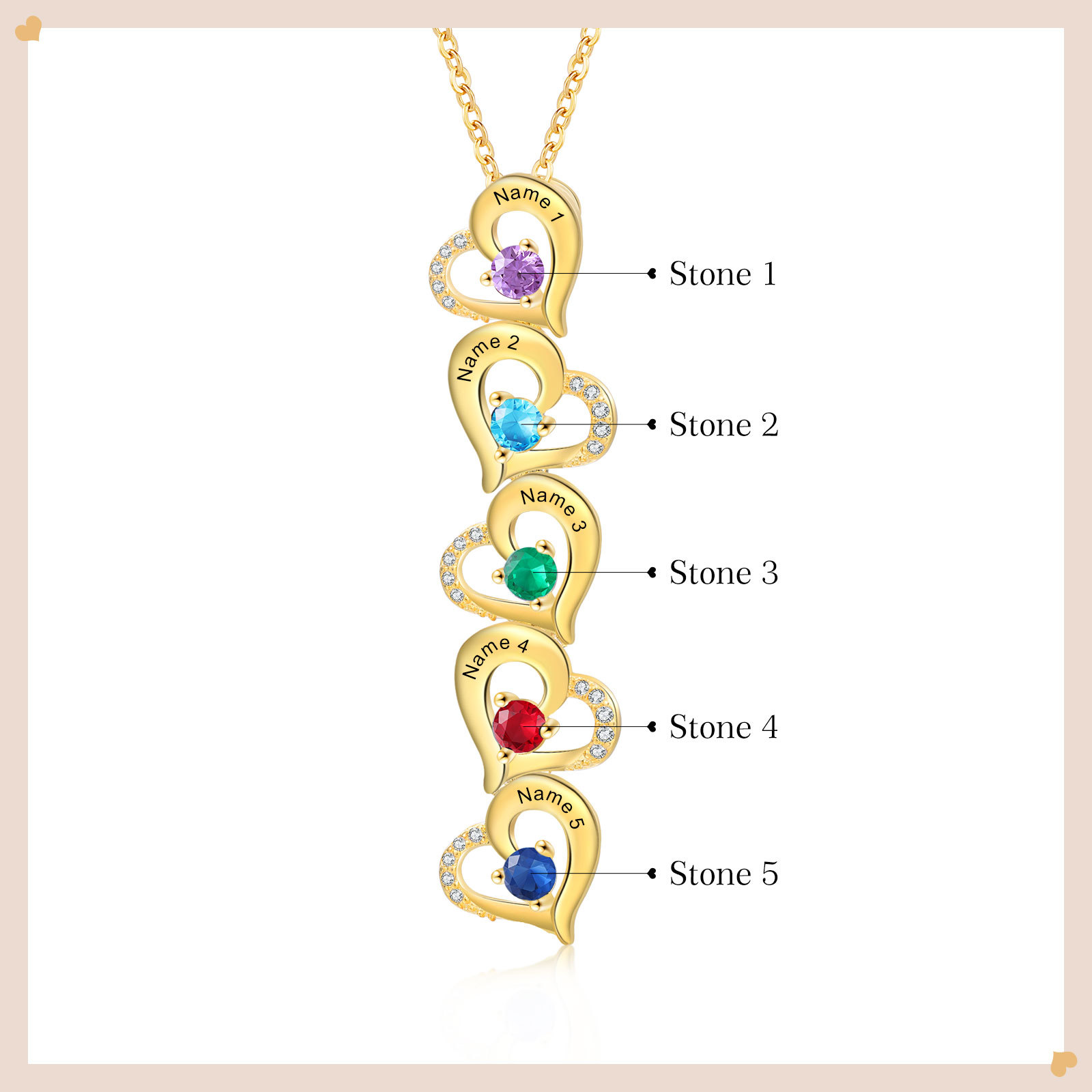 Collier Pendentif Cœur 5 Prénoms Personnalisés avec Pierre de naissance pour Femmes