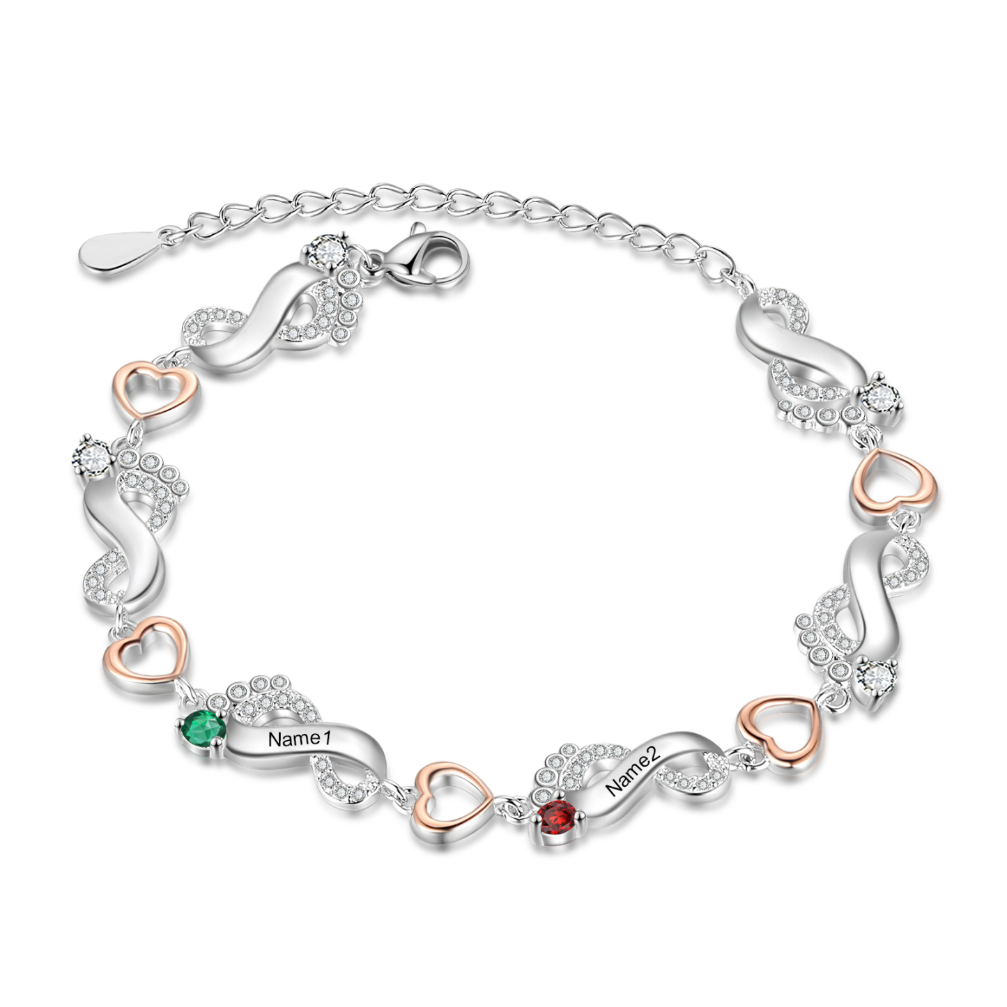 Bracelet pied bebe et Cœur 2 Prénom Personnalisé avec 2 pierre de naissance