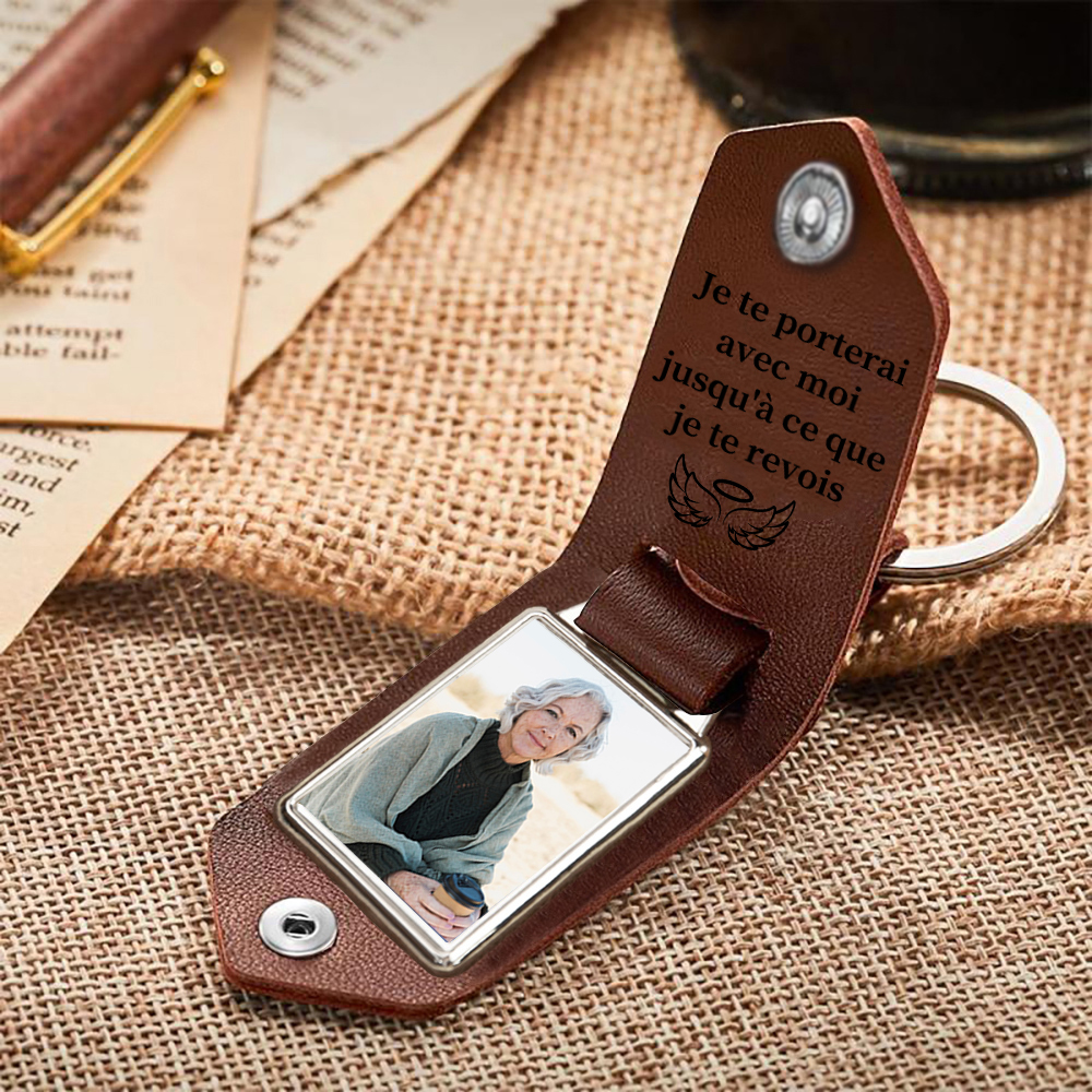 Porte-Clés commémoratif en Cuir 1 Prénom et Photo Personnalisés Avec Date