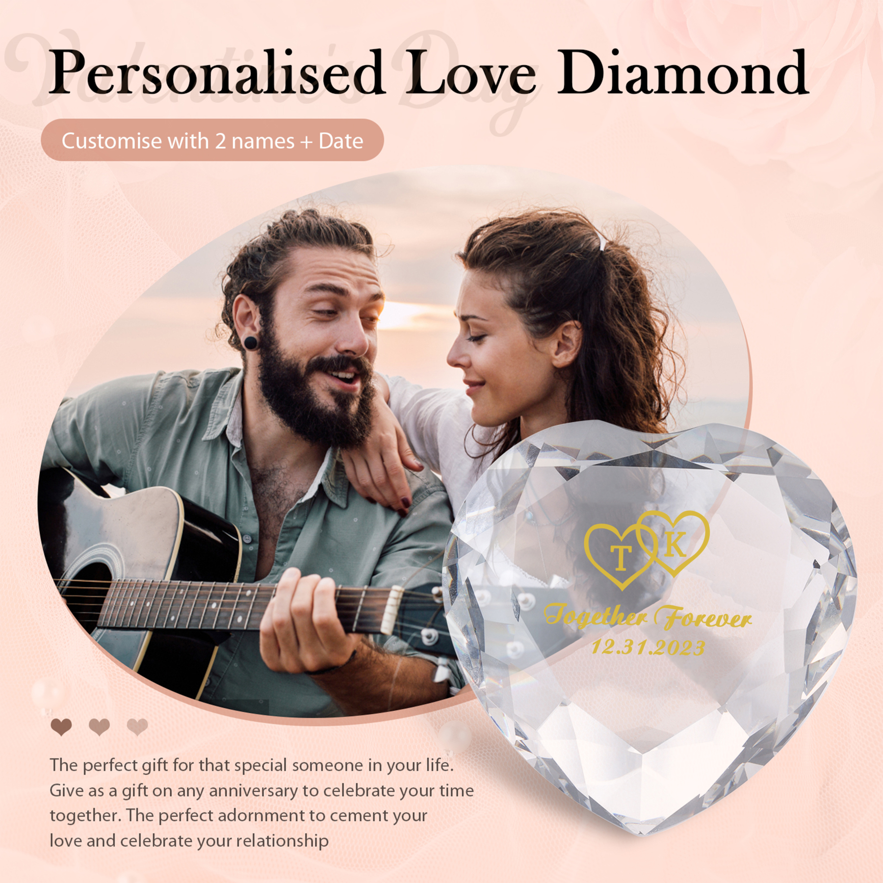 Décoration Cristal Cœur 2 Lettres Personnalisées avec Texte et Date pour Couple