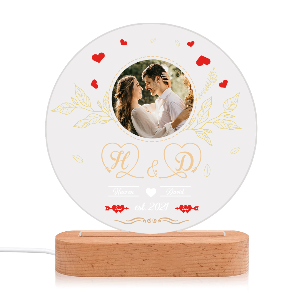 Lampe de chevet Couple LED Lumières 2 Prénoms et 2 Lettres Personnalisés avec Date et Photo