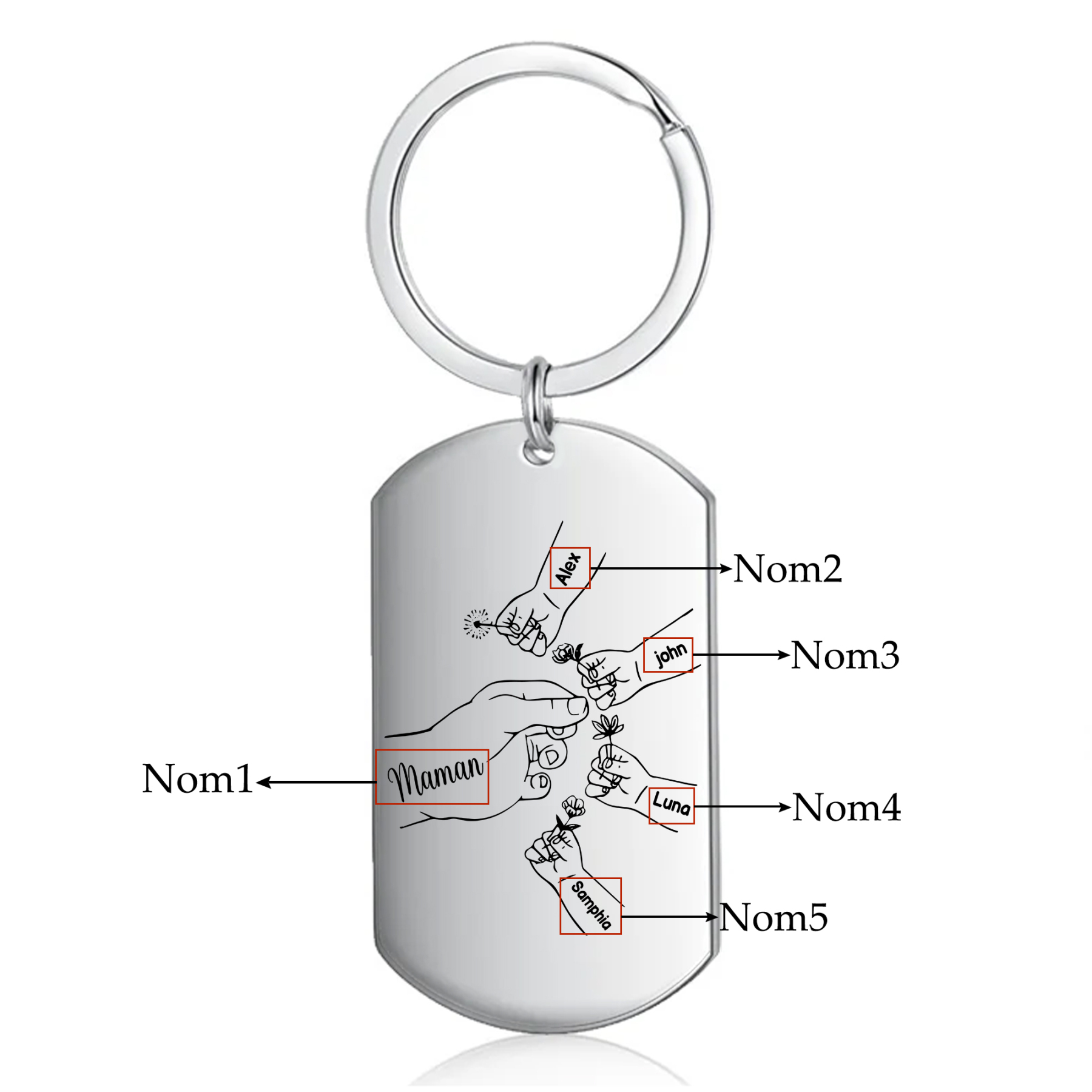 À ma Maman/Mamie - Porte-Clés 2-7 Prénoms Personnalisés Porte-Clés Mains et Fleurs