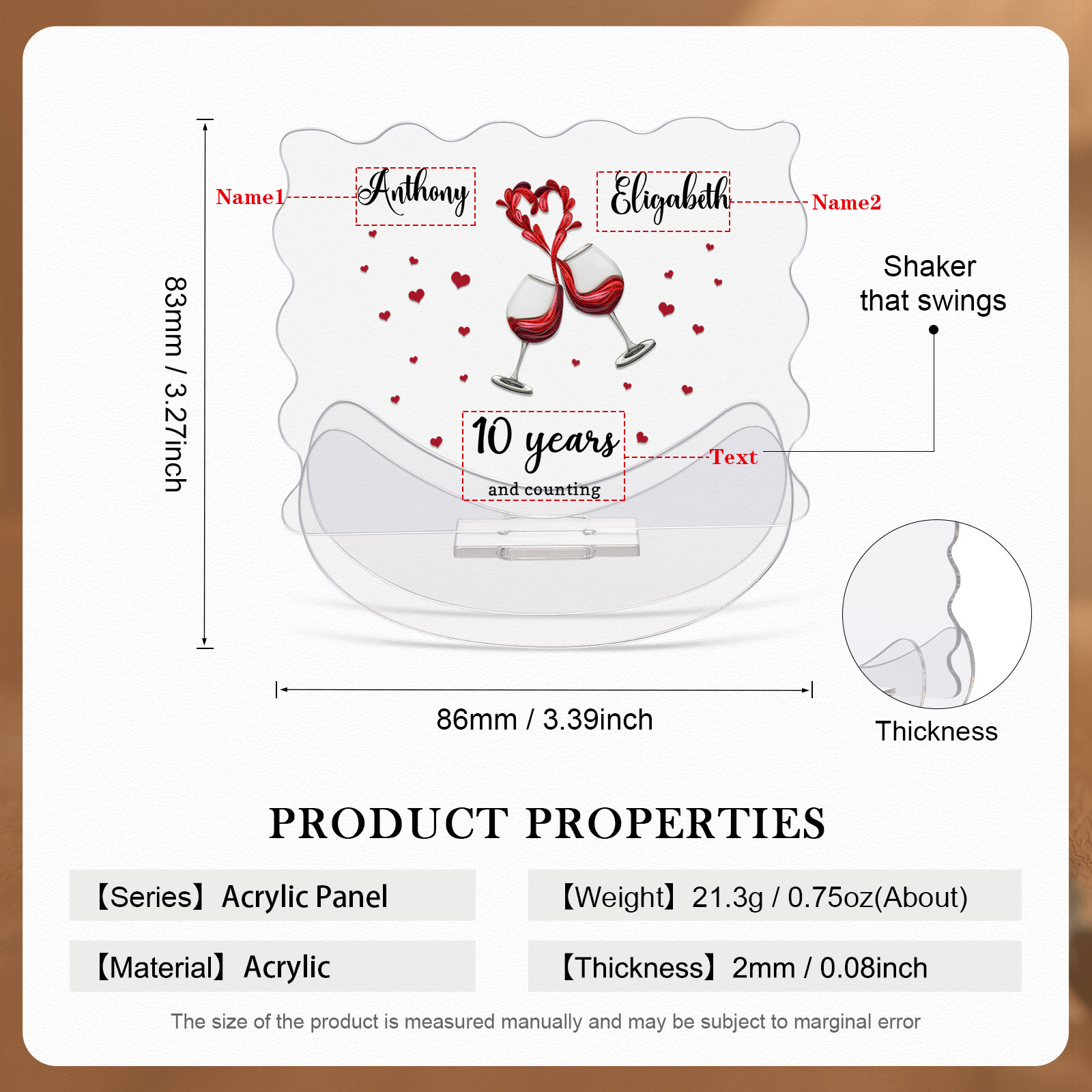 Ornements Panneau Acrylique 2 Prénoms et 1 Texte Personnalisés pour Couple