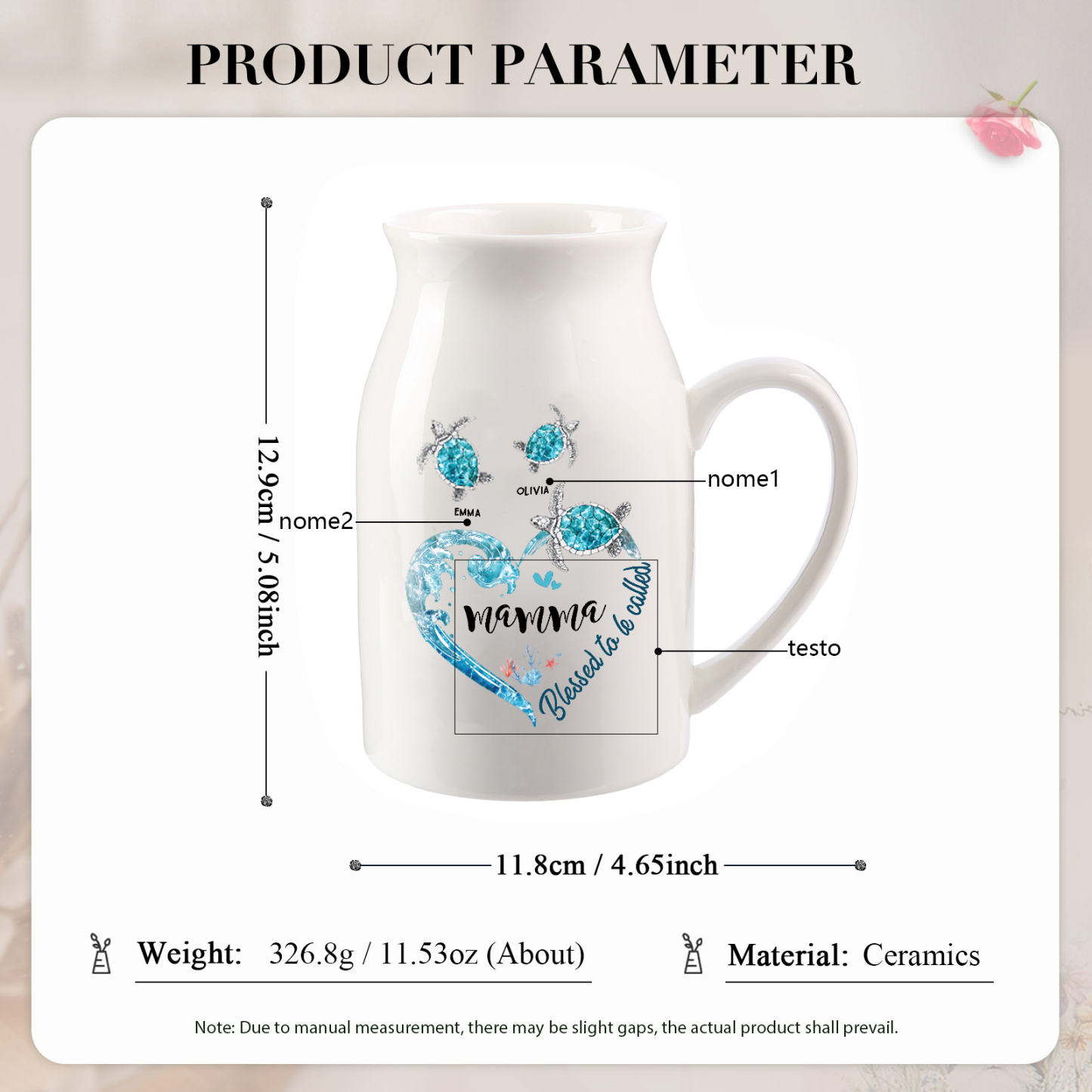 Vase à Fleurs Tortue de Mer 2 Prénoms Personnalisés avec 1 Texte Décoration de la Maison