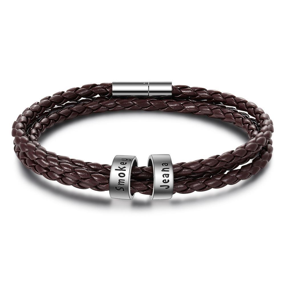Bracelet Cuir tressé Prénom Personnalisé Bracelet Homme Avec 2 Perles
