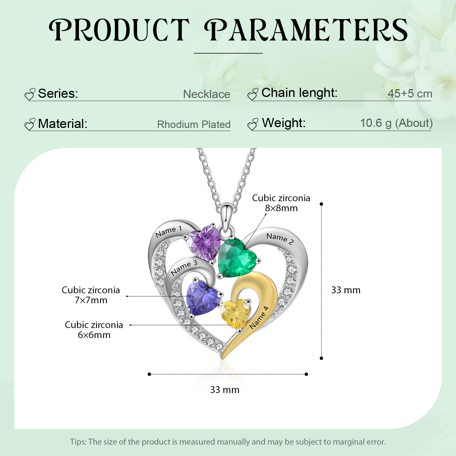 Collier Cœur 4 Prénoms et Personnalisés avec 4 Pierres de naissance