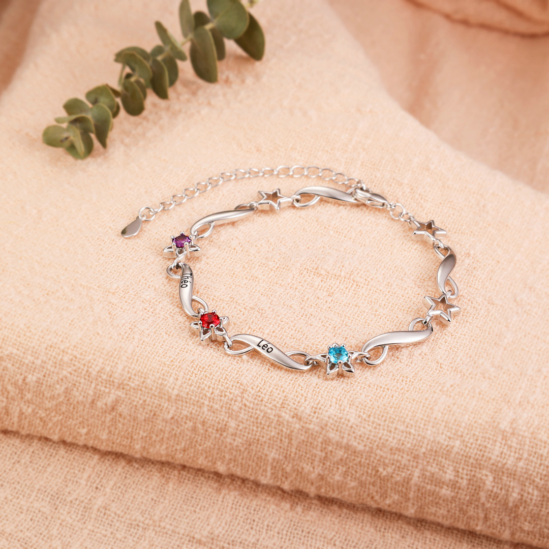 Bracelet infini à Breloque 2 Prénom Personnalisé avec 2 Pierre de Naissance
