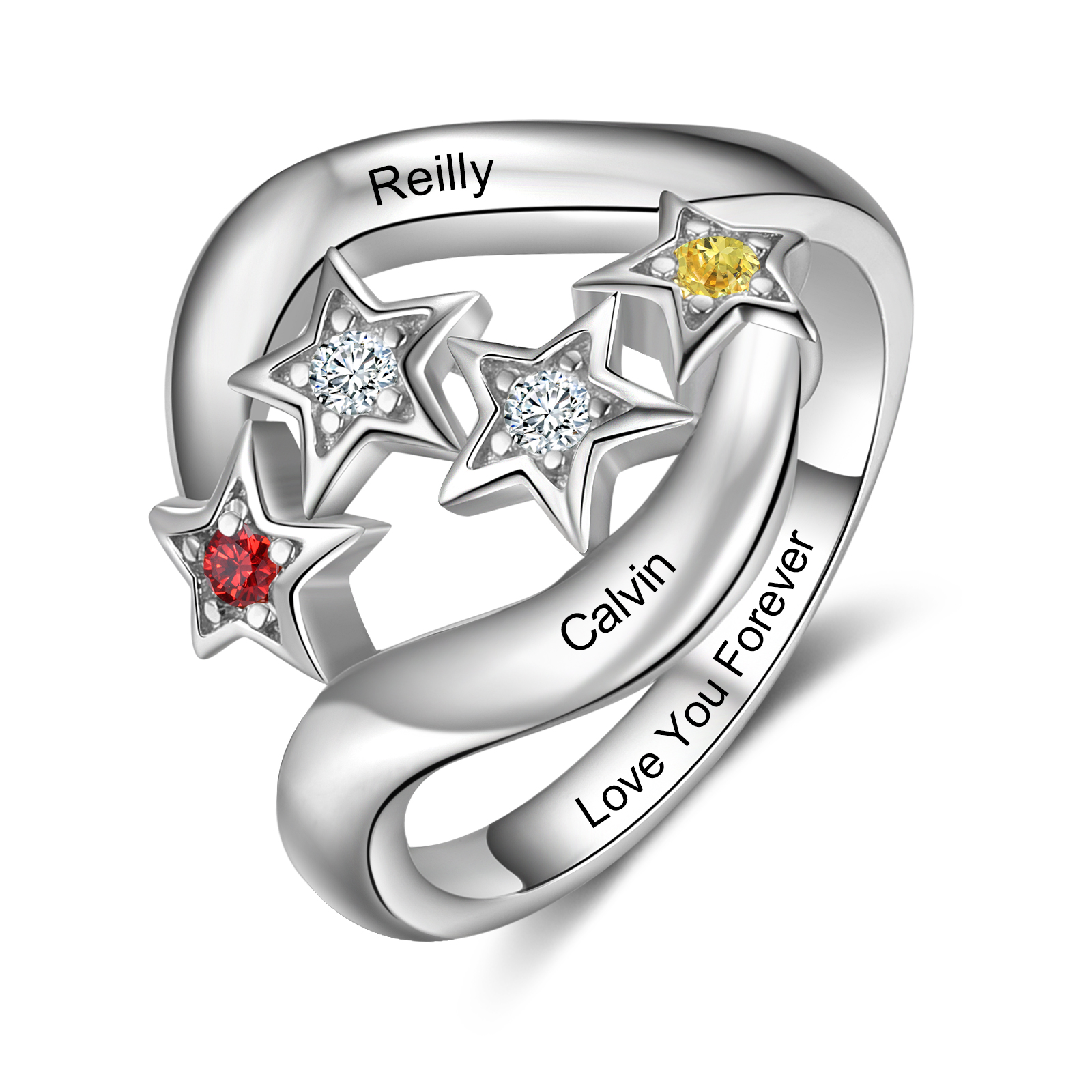 Bague étoilé 2 Prénom Personnalisé avec 2 Pierre de Naissance et texte en Argent 925