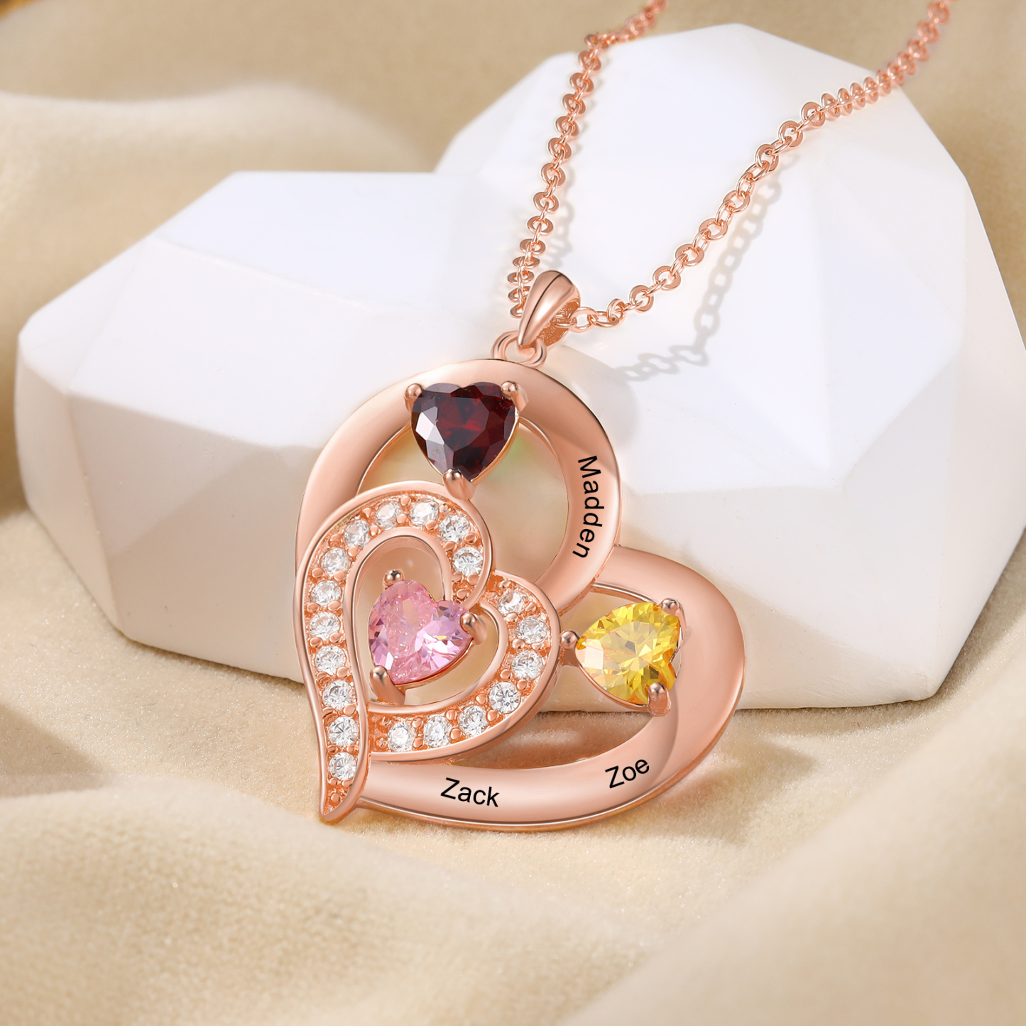 Collier Cœur 1-6 Prénoms Personnalisés avec Pierre de naissance