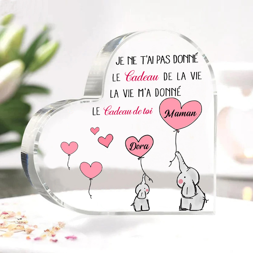 À ma Maman - Plaque Acrylique en Forme de Cœur éléphant 2 Prénoms Personnalisés