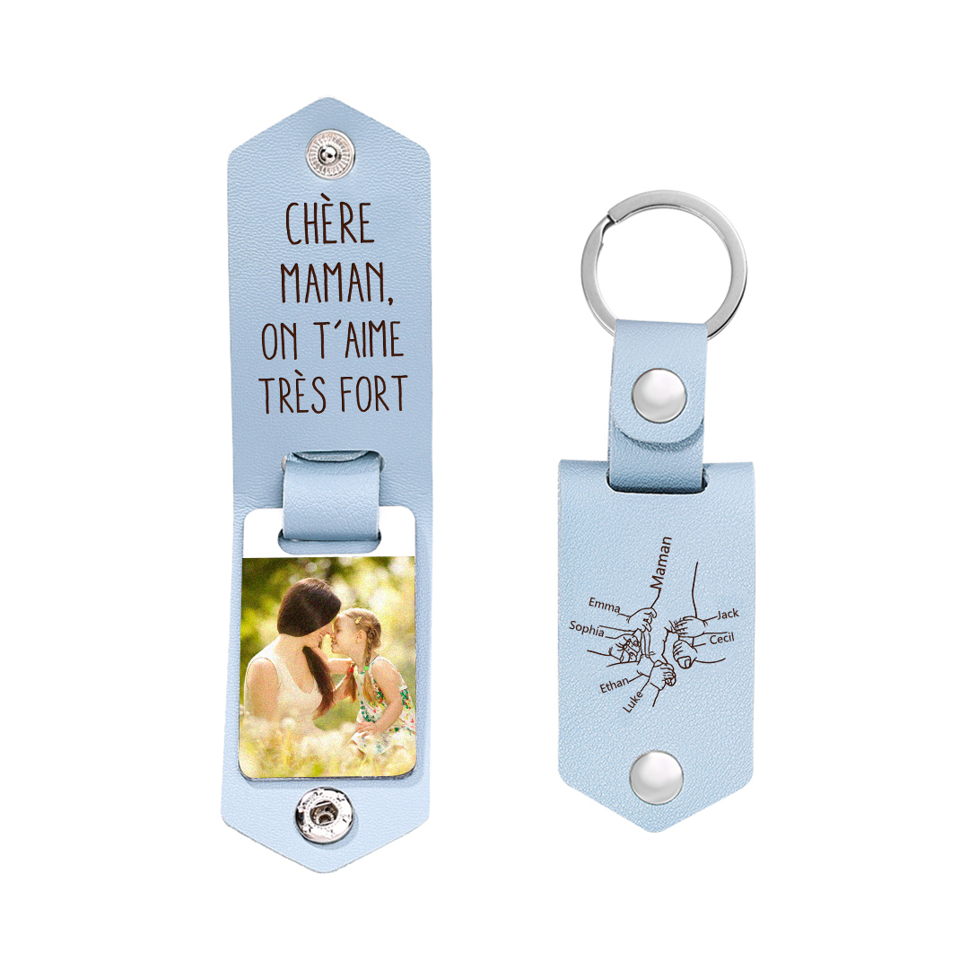 À ma Maman - Porte-Clés Cuir la Main dans la Main 6 Prénoms Personnalisés avec Photo