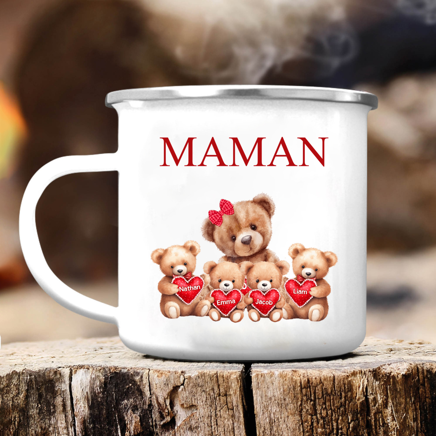 À Maman/Mamie - Tasse émaillée Ours 4 Prénoms Personnalisés